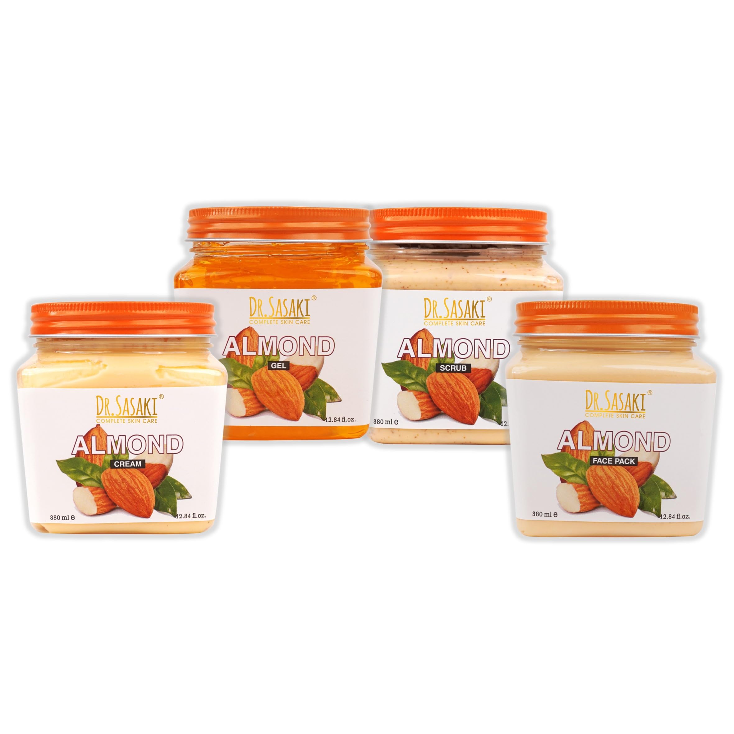 Dr. Sasaki Complete Skin Care Almond Face & Body Kit - 4 Pack (380ml Each) for Hydration, Brightening & Anti-Aging | Perfect for Daily Skincare Routine & Spa Treatments