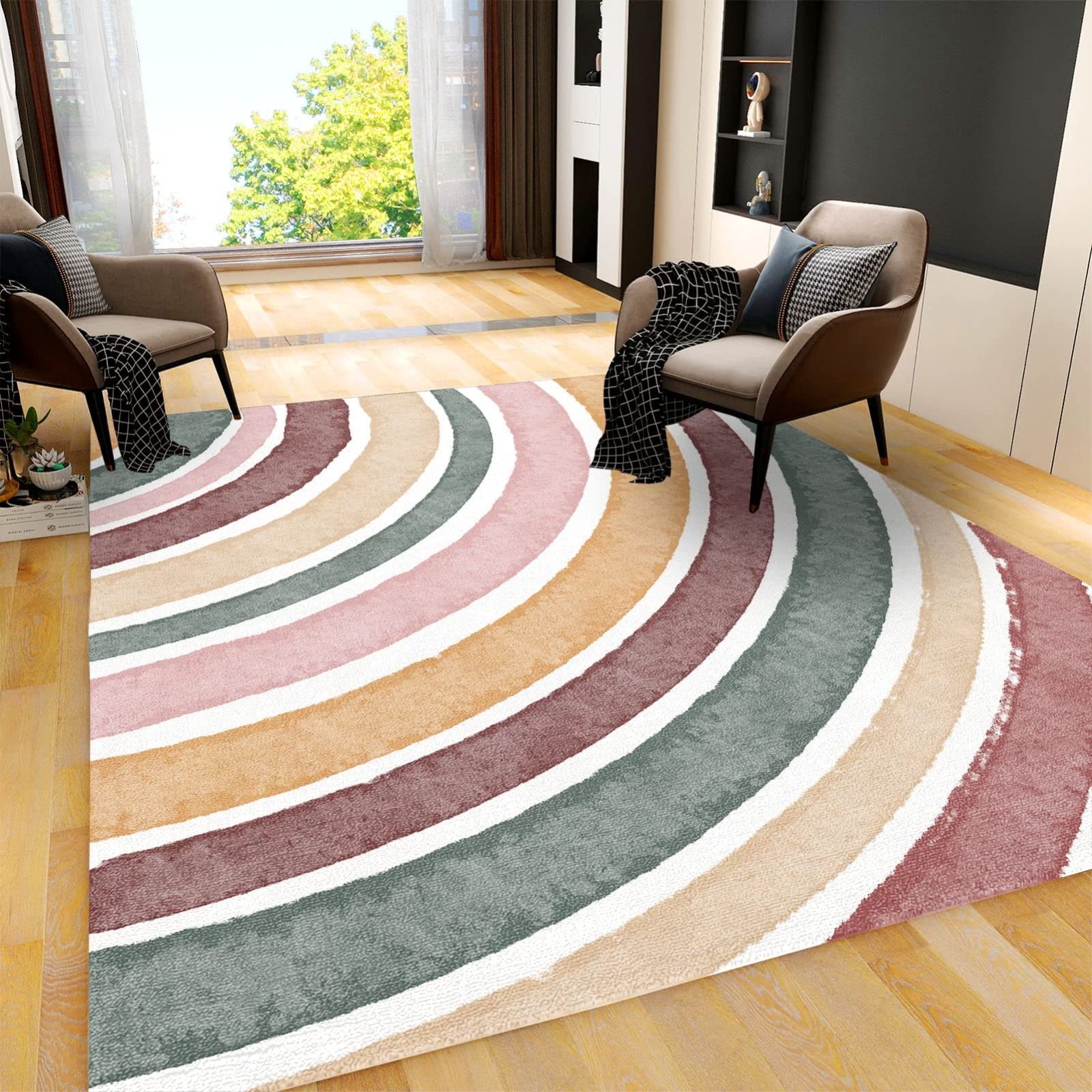 Boho Rainbow Area Rug 5'x6' - Modern Abstract Art Non-Slip Floor Carpet for Living Room, Bedroom & Home Decor | Soft Indoor Rug for Sofa, Kids Room & Nursery