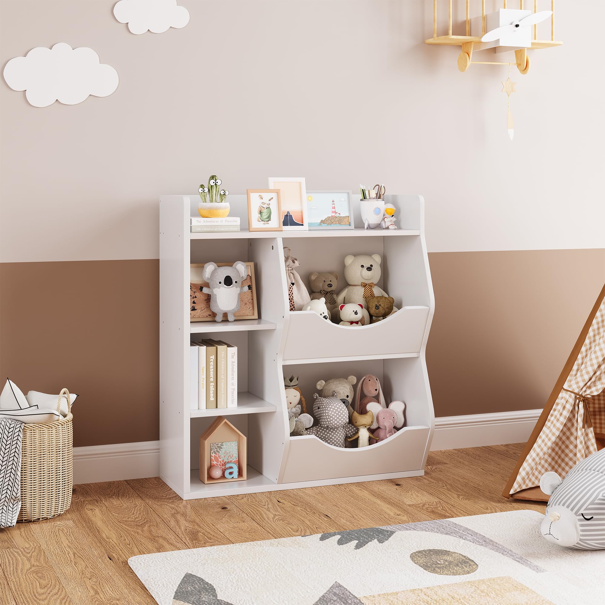 IDEALHOUSE 5-Cubby Kids Bookshelf - Sturdy Wooden Bookcase & Toy Storage Organizer for Boys & Girls - Perfect for Playroom, Bedroom, Nursery & Kids Room (White) - Great for Organizing Books, Toys & Learning Supplies