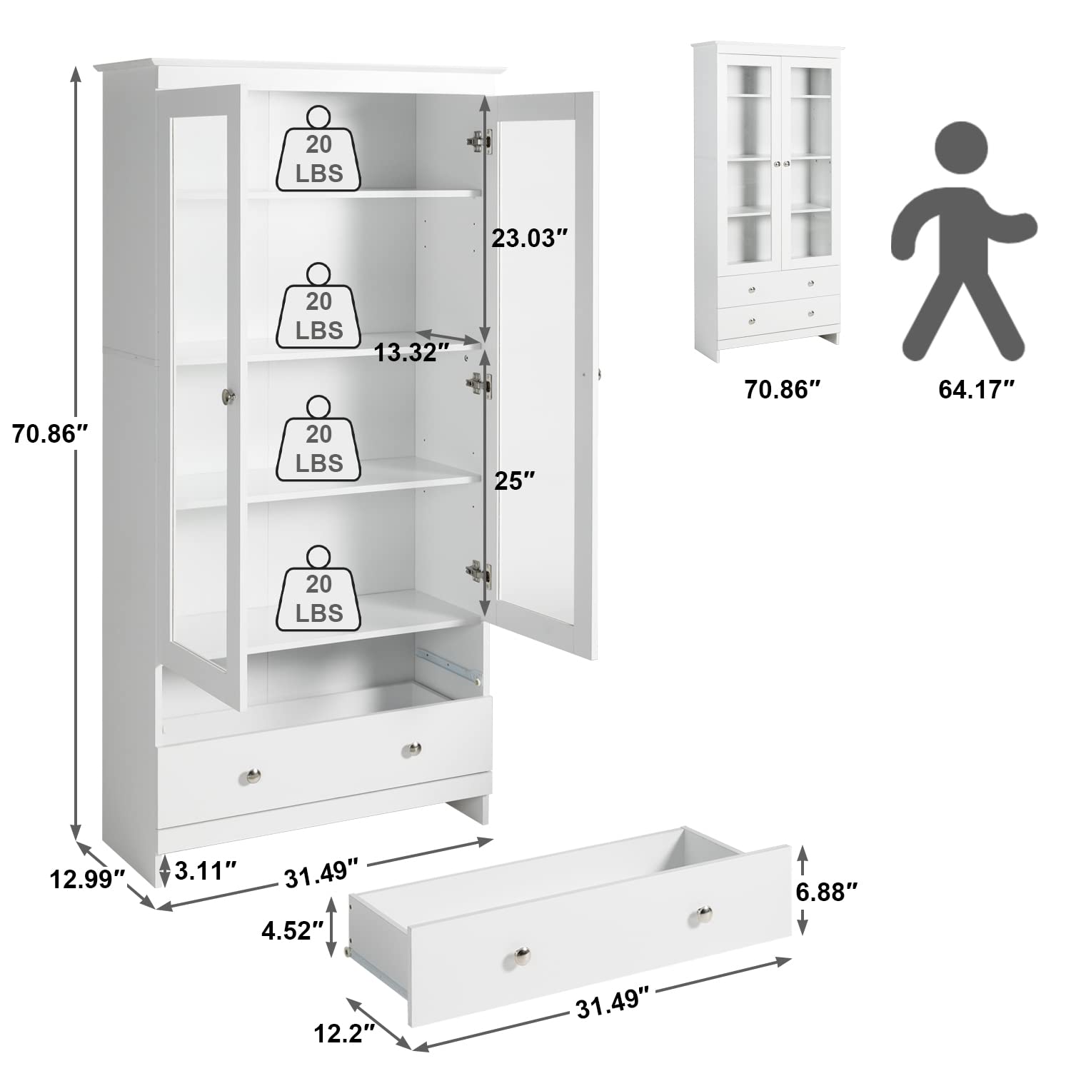 White Bookcase with Glass Doors - Tall Wooden Display Cabinet & Bookshelf Organizer for Home, Bedroom, Living Room, Office - Freestanding Curio Cabinet & Kitchen Pantry Storage - Perfect for Showcasing Collectibles, Storing Books & Organizing Home Decor