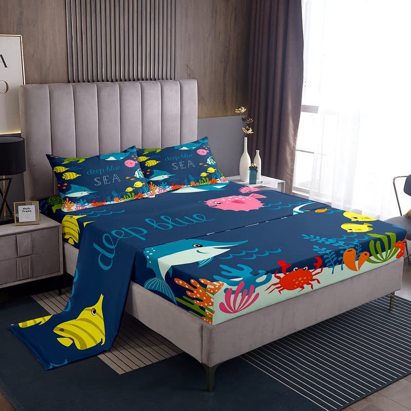 **Castle Fairy Sea Animals Bed Sheets Set for Kids - 3 Piece Shark & Whale Themed Twin Size Sheets with Deep Pocket Fitted Sheet, Flat Sheet & Pillow Sham - Perfect for Boys' Room, Ocean-Themed Nursery, or Underwater Adventure Decor**
