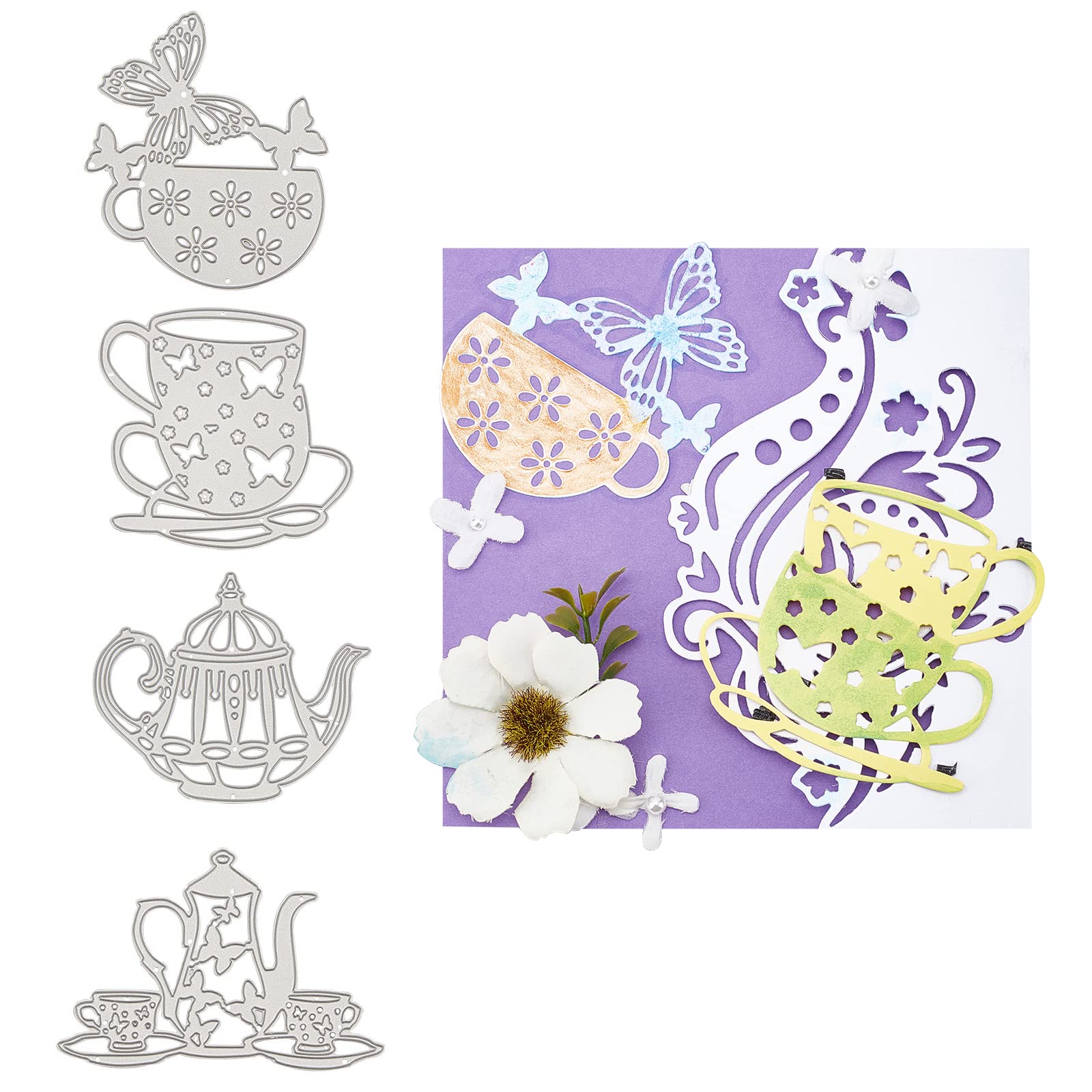 4Pcs Metal Teapot & Tea Cup Cutting Dies with Butterfly Stencil - Scrapbooking Embossing Templates for DIY Paper Crafts, Cards, Invitations (Wedding, Christmas, Birthday, Tea Party Decorations) | Perfect for Handmade Greeting Cards, Scrapbook Pages, and Party Decor