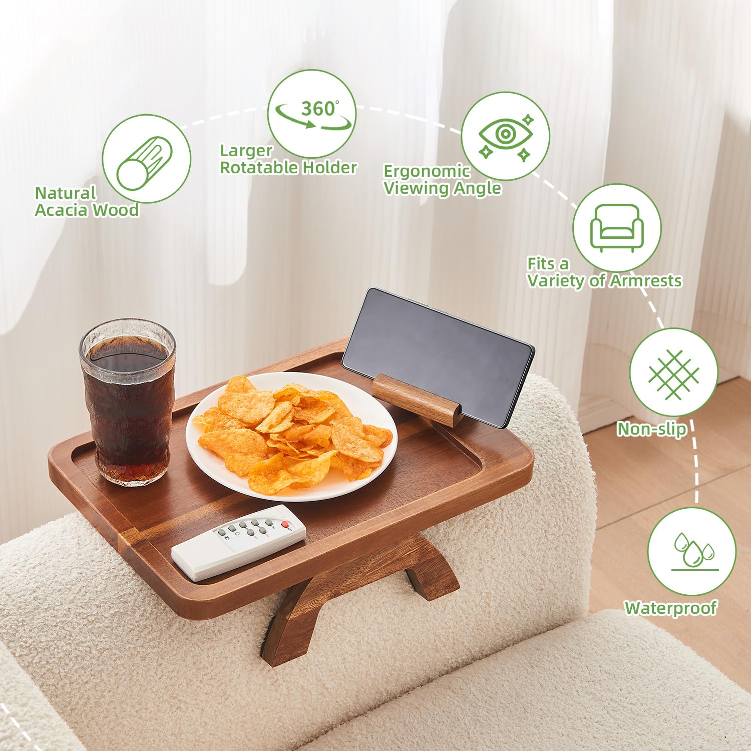 Foldable Acacia Wood Couch Arm Table with Phone Holder - Portable Tray for Eating & Drinks on Wide Couches