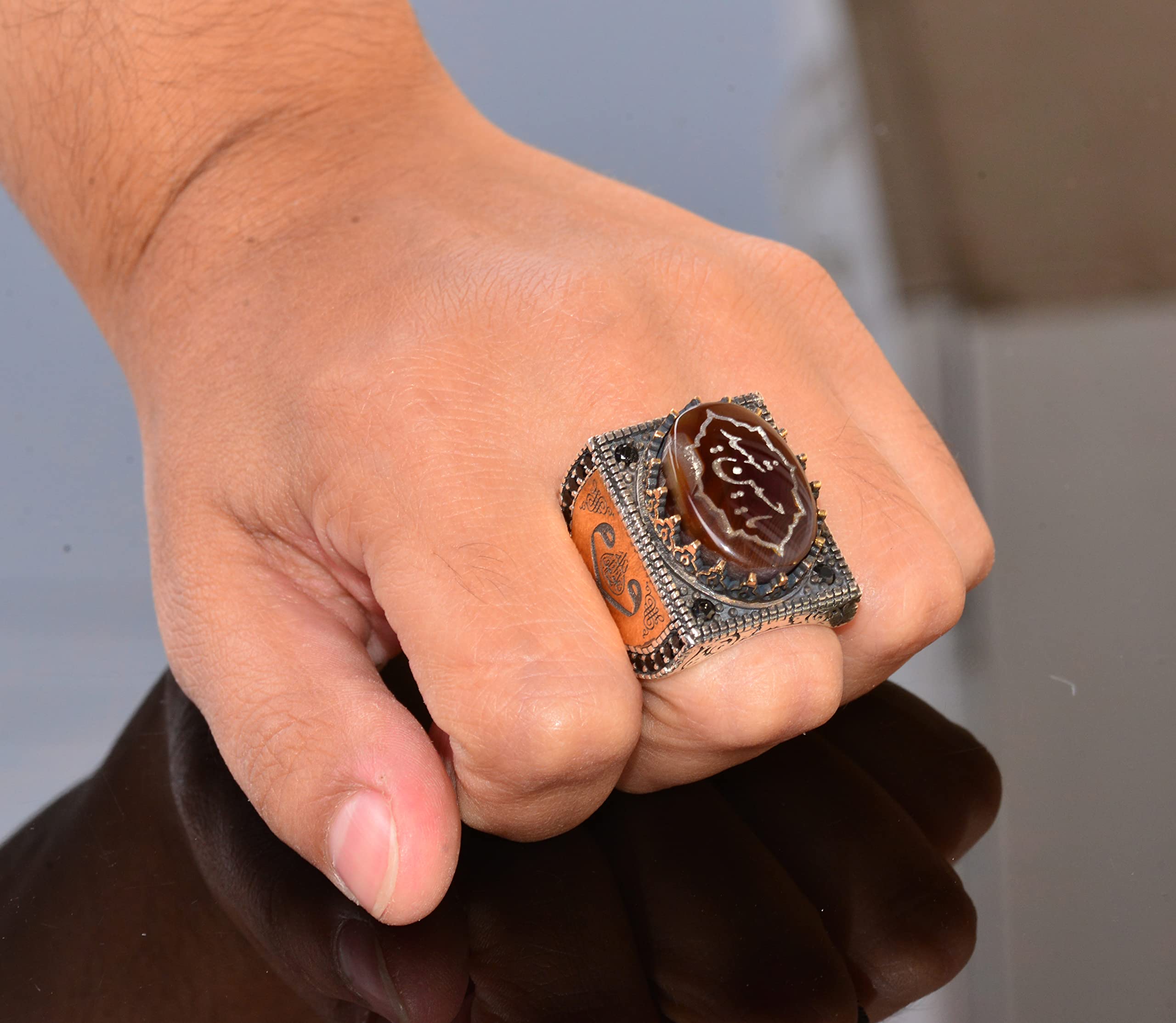 Natural Agate Gemstone Ring for Men - Sterling Silver Arabic Islamic Religious Jewelry Gift for Prayer, Eid, Wedding & Special Occasions