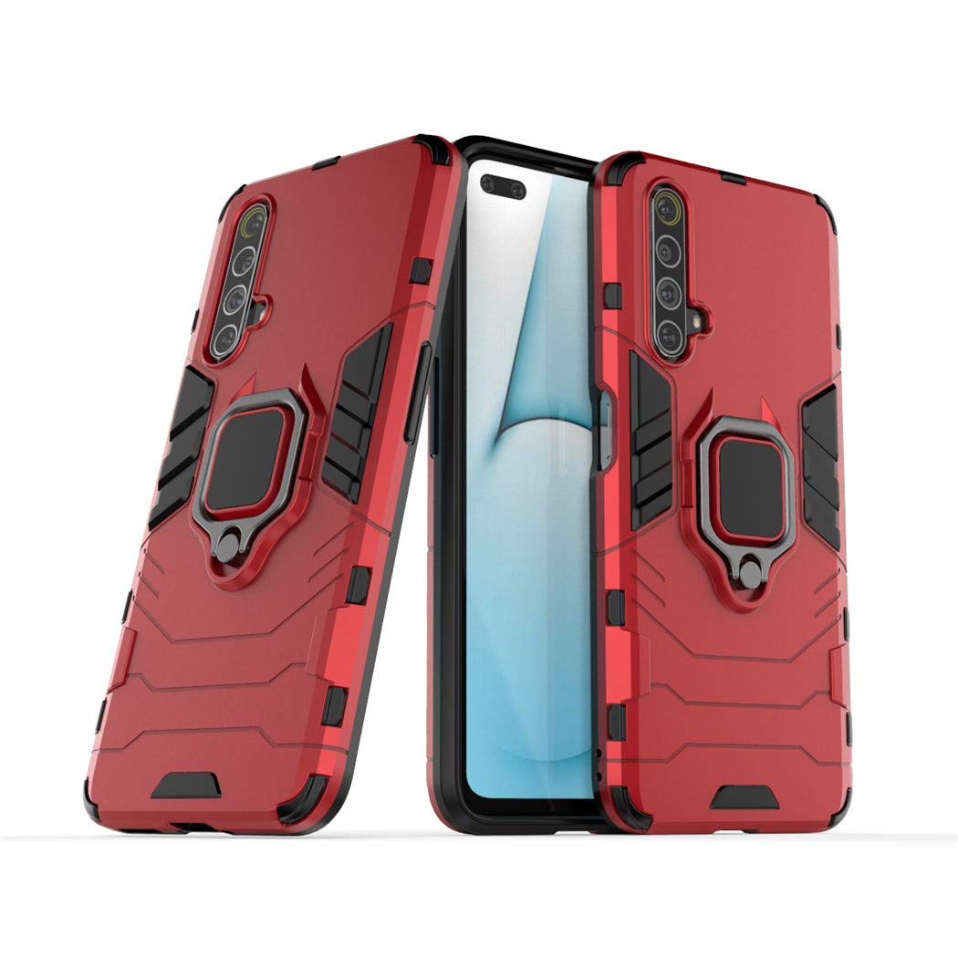 Shockproof Hard Bumper Case for Oppo Realme X50 5G with Metal Ring Grip & Kickstand - Magnetic Car Mount Compatible, Dual Layer Rugged Protective Cover (Red) - Perfect for Outdoor Activities, Travel and Daily Use