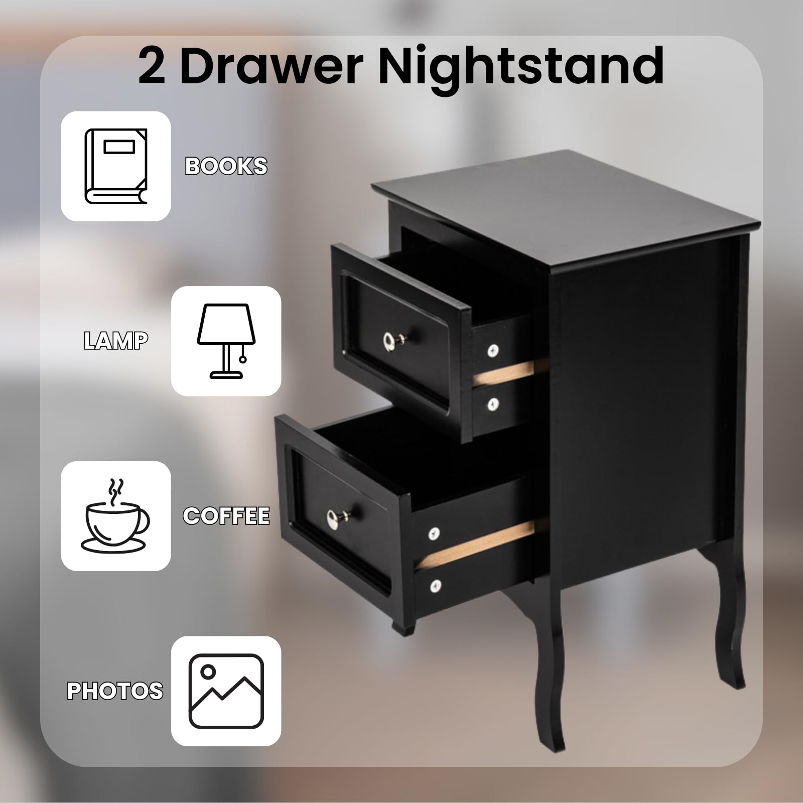 Karl Home Black Nightstand for Bedroom - 2 Drawer French Country Wooden Bedside Table with Curved Legs - Perfect for Bedroom, Living Room, Dorm & Guest Room