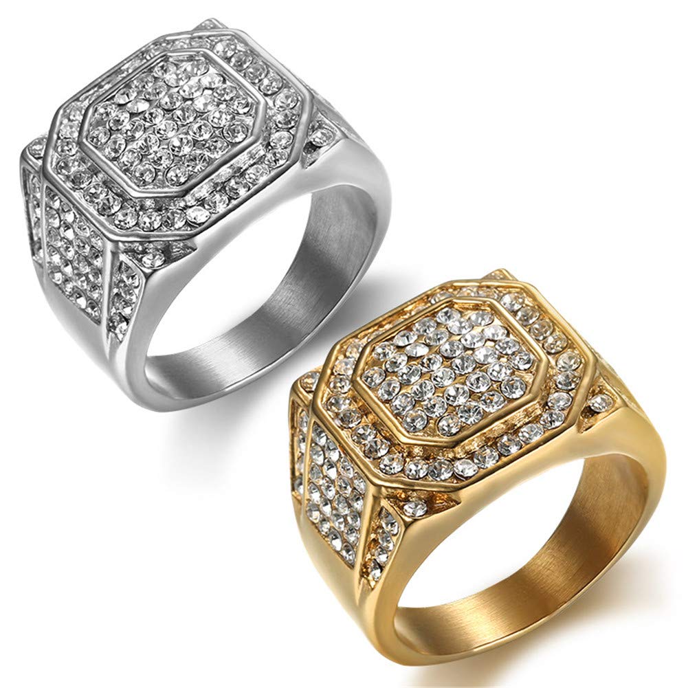 Men's Stainless Steel Hip Hop Iced Out Cubic Zirconia Square Ring - Micro Pave CZ Wedding Band for Men - Perfect for Prom, Anniversary & Everyday Luxury Jewelry