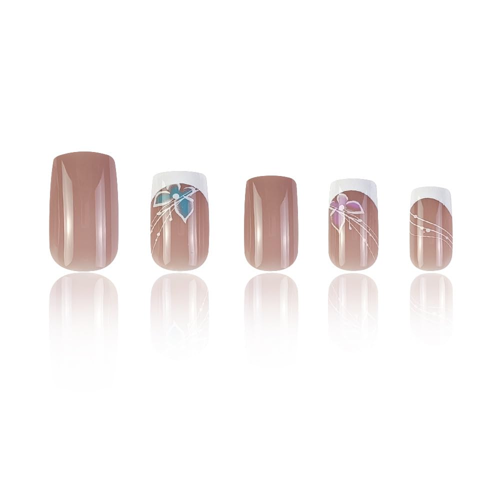 French Tip Press on Nails - Medium Length Square Fake Nails with Pink & Blue Butterfly Design, White Tip Acrylic Artificial Nails - Glossy Stick on Nails for Women, Cute & Elegant Manicure for Parties, Weddings, Date Nights & Daily Wear