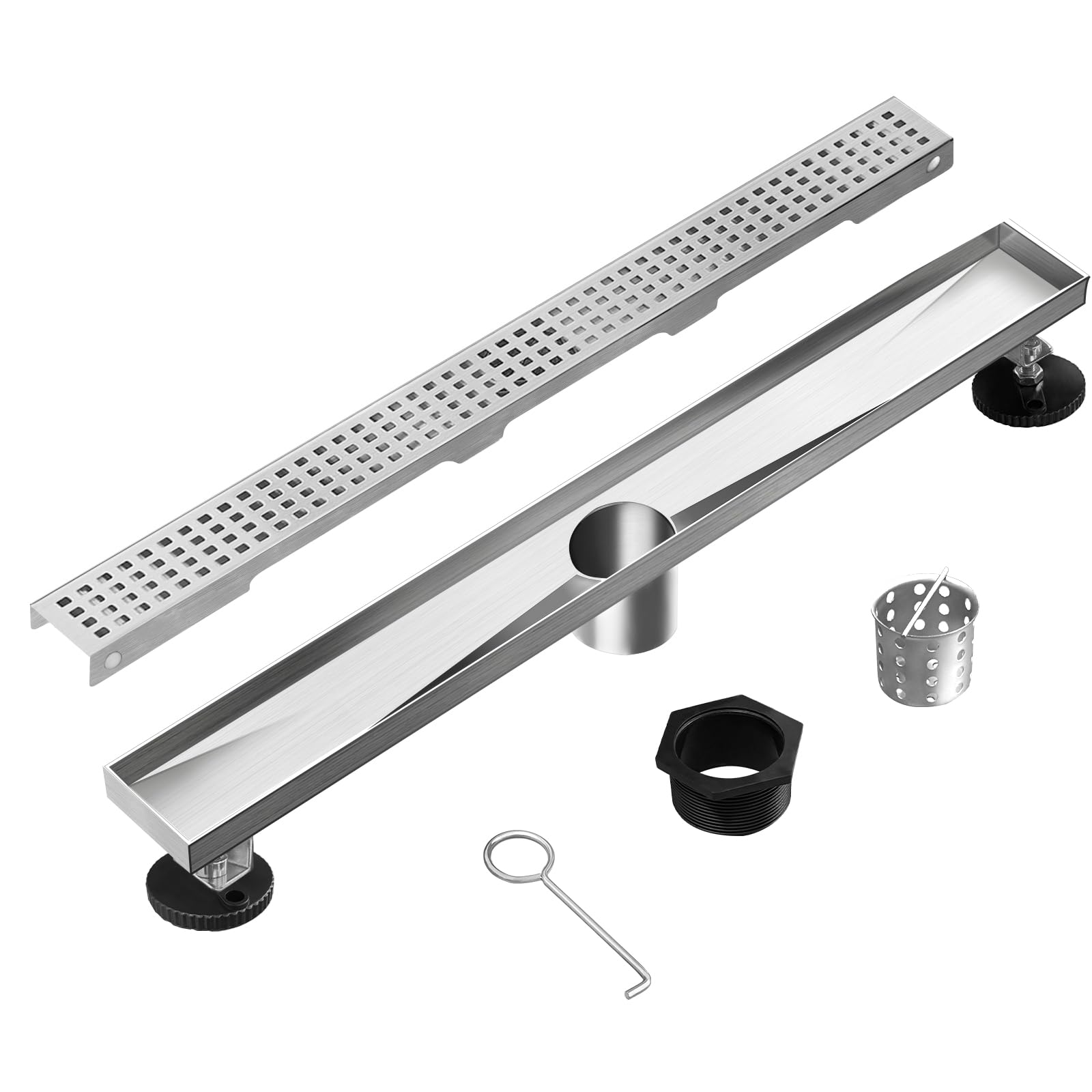 **28 Inch Linear Shower Drain - AISI 304 Stainless Steel with Removable Grate & Hair Catcher - Adjustable Leveling Feet for Bathroom & Wet Room Installation**    *(Perfect for Modern Walk-in Showers, Spa Bathrooms & Wet Room Designs)*
