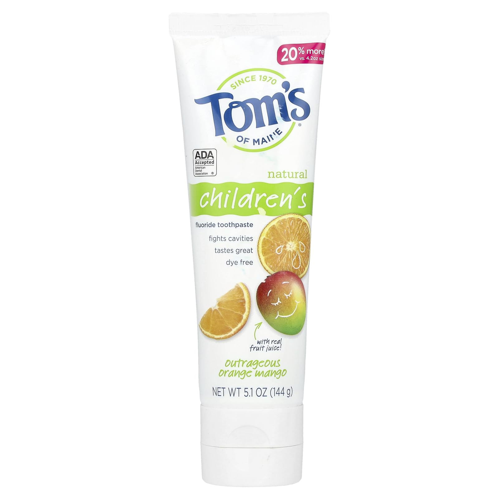 Tom's of Maine Natural Kids Fluoride Toothpaste - Outrageous Orange Mango Flavor, 5.1 oz | Safe & Effective Fluoride Toothpaste for Children | Perfect for Daily Brushing & Cavity Protection