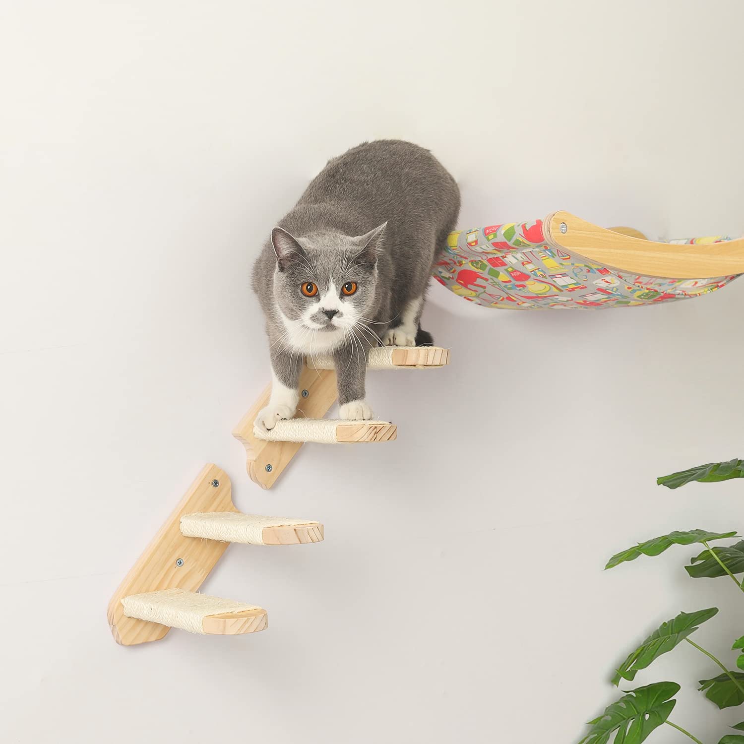 Reversible Wooden Cat Wall Steps & Shelves - 4-Step Climbing Shelf with Sisal Scratching Rope | Wall-Mounted Cat Perch Platform for Large Cats | Perfect for Small Spaces, Cat Exercise & Play Areas