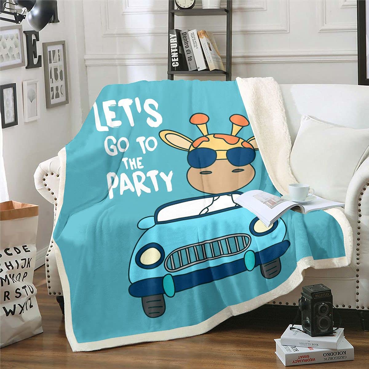Soft Giraffe Sherpa Fleece Throw Blanket for Kids - Blue Racing Car Plush Blanket with Safari Animal Print - Cozy Fuzzy Blanket for Sofa, Bed & Couch (90x90 Inches Queen Size) - Perfect for Nursery Decor, Winter Snuggling & Gift Giving