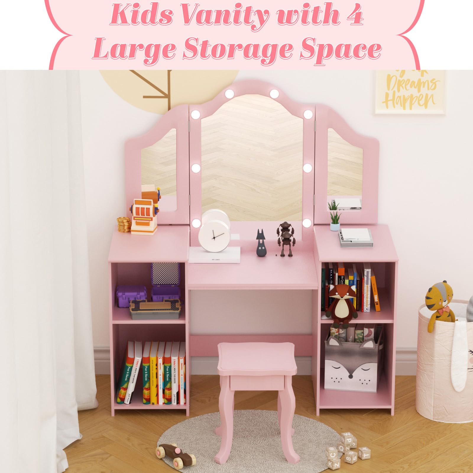 XJD Kids Vanity Set with Mirror, Stool & Lights - 2-in-1 Wooden Princess Makeup Desk & Storage Cabinet for Girls (Pink) | Perfect for Bedroom Decor, Birthday Gifts & Pretend Play