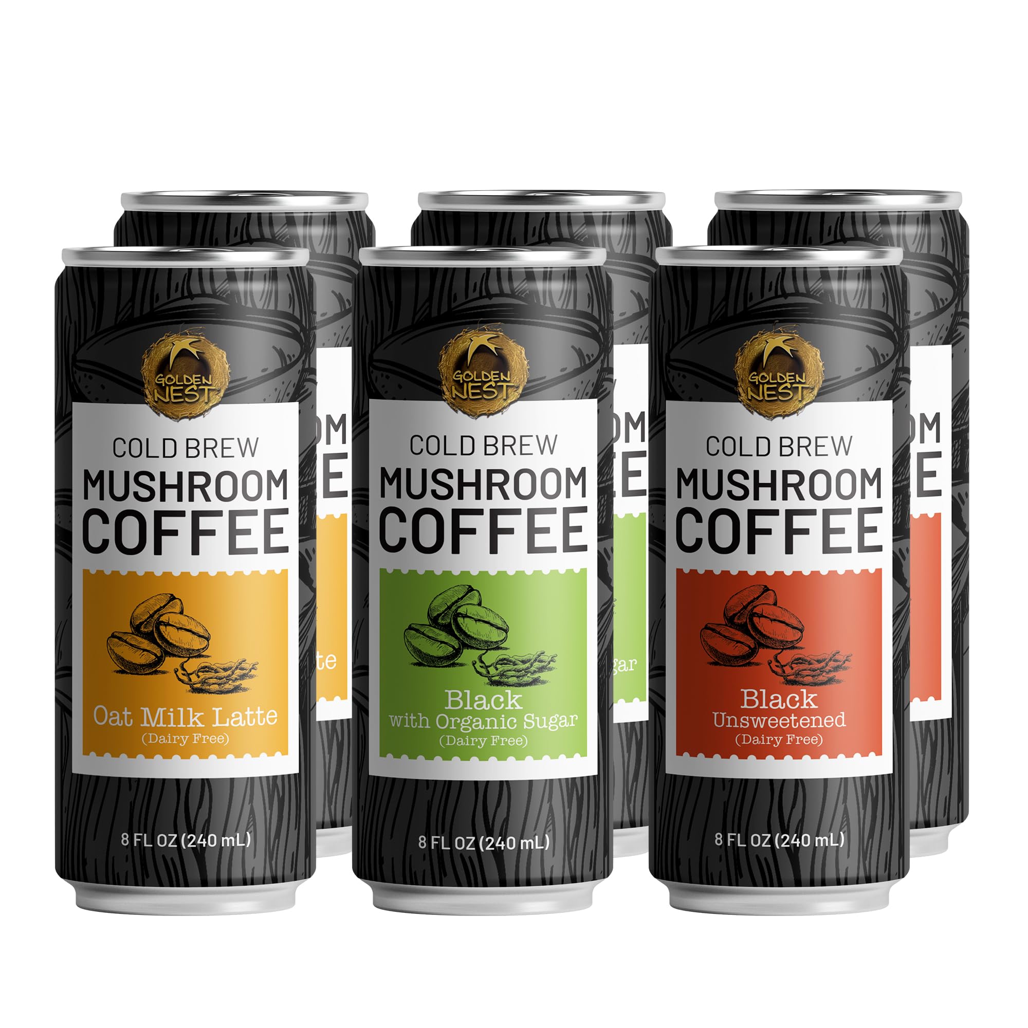 Organic Golden Nest Cold Brew Mushroom Coffee with Chaga & Cordyceps | Ready-to-Drink Dairy-Free Mushroom Coffee | All Natural, No Preservatives | 8 Fl Oz Cans (Variety Pack of 6) | Perfect for Energy Boost, Focus & Wellness at Home, Office or Travel