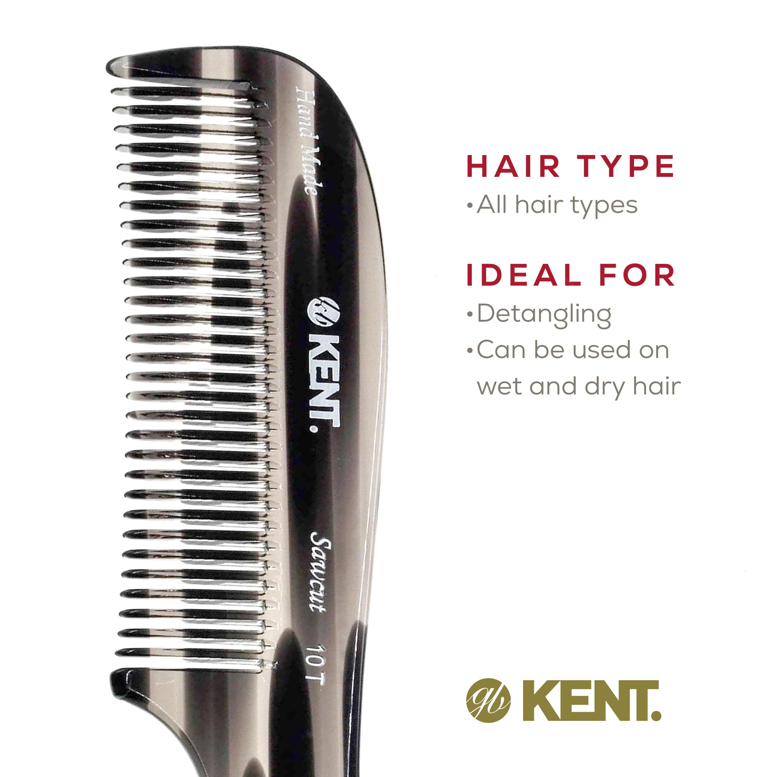 Kent 10T Large Hair Detangler Comb - Handmade Wide Tooth Comb for Curly & Thick Hair - Detangling Comb for Wet & Dry Hair - Saw-Cut Hand Polished Graphite Comb - Perfect for Salon, Travel & Home Hair Care