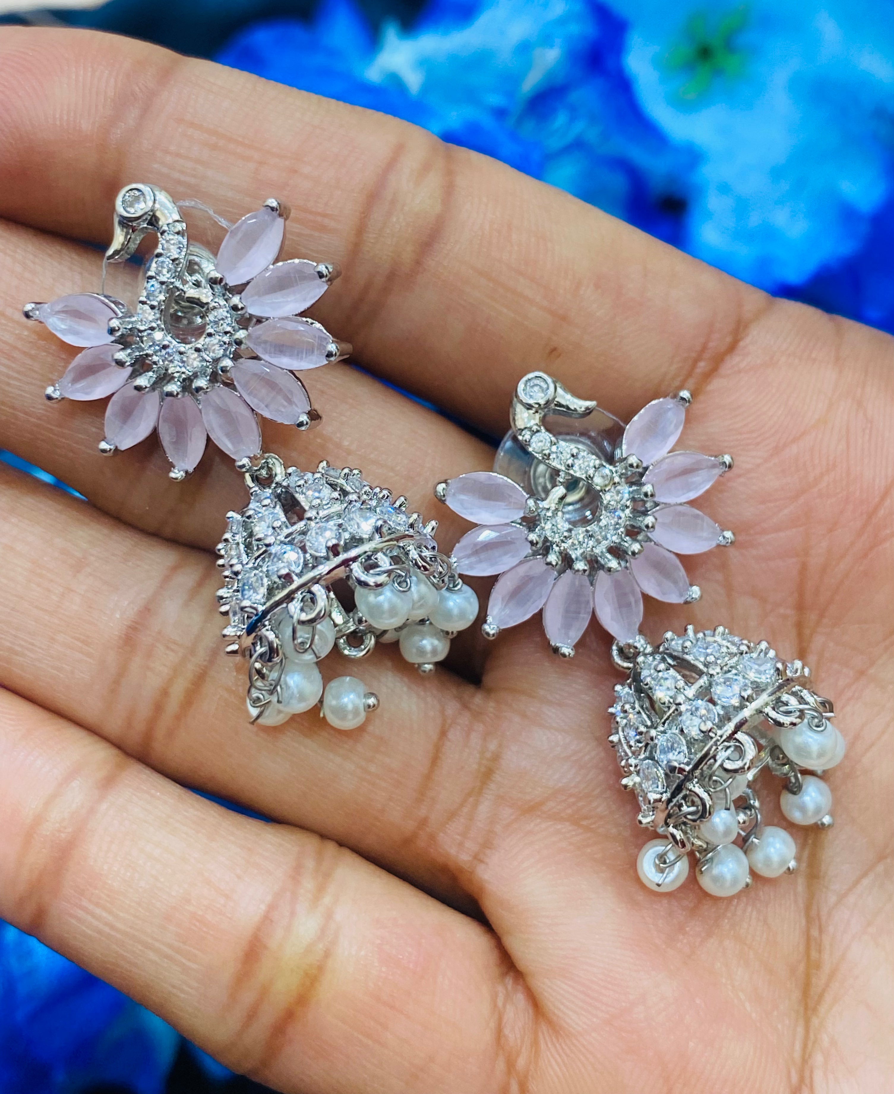 Stylish Light Pink American Diamond Jhumka Earrings for Women | Elegant Indian Ethnic Jewelry | Perfect for Weddings, Parties & Festive Occasions
