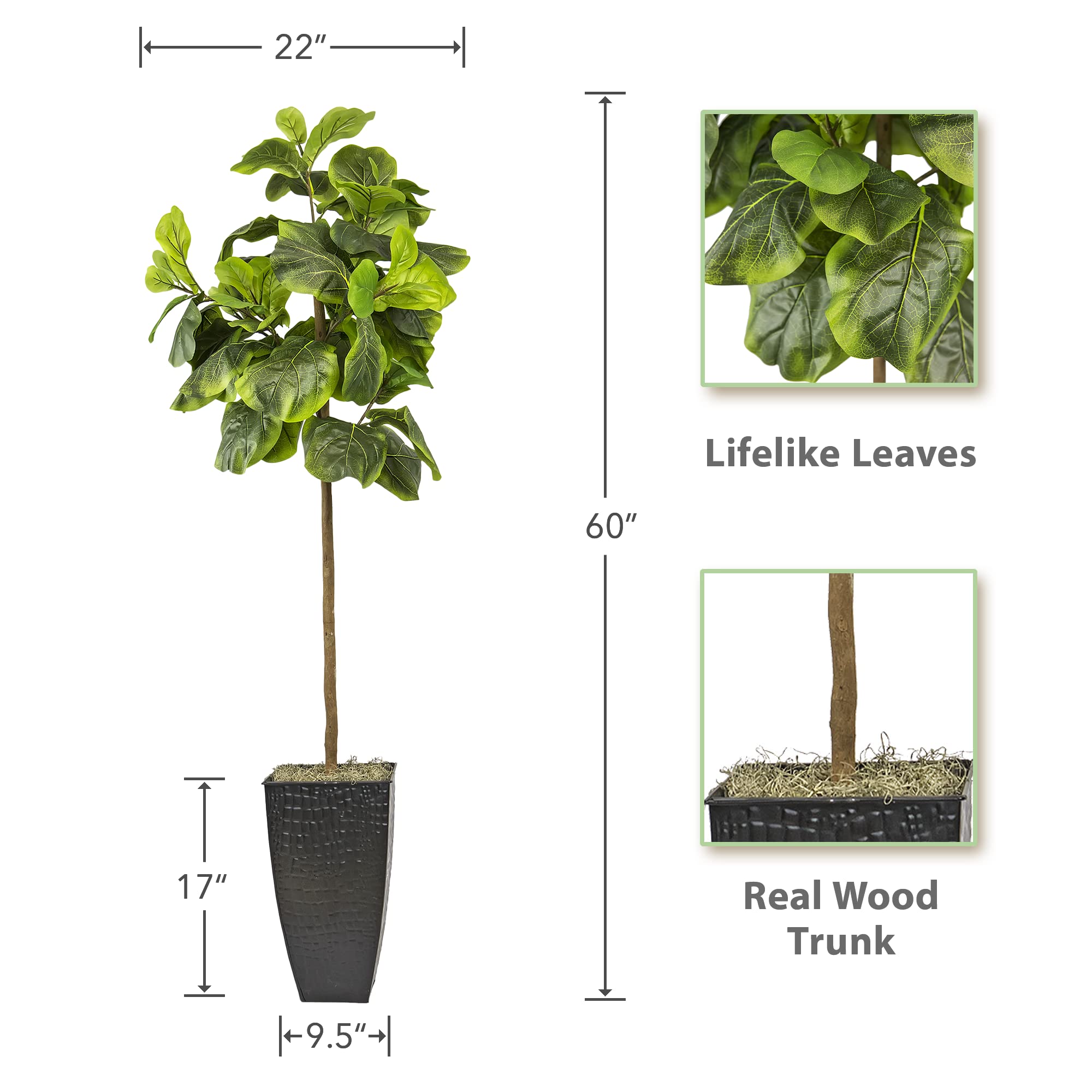 5FT Artificial Fiddle Leaf Fig Tree with Real-Wood Trunk & Black Metal Pot - Indoor Outdoor Fake Plant for Home Decor, Living Room, Office, Kitchen, Patio, Balcony - Low Maintenance Houseplant Alternative for Modern Spaces