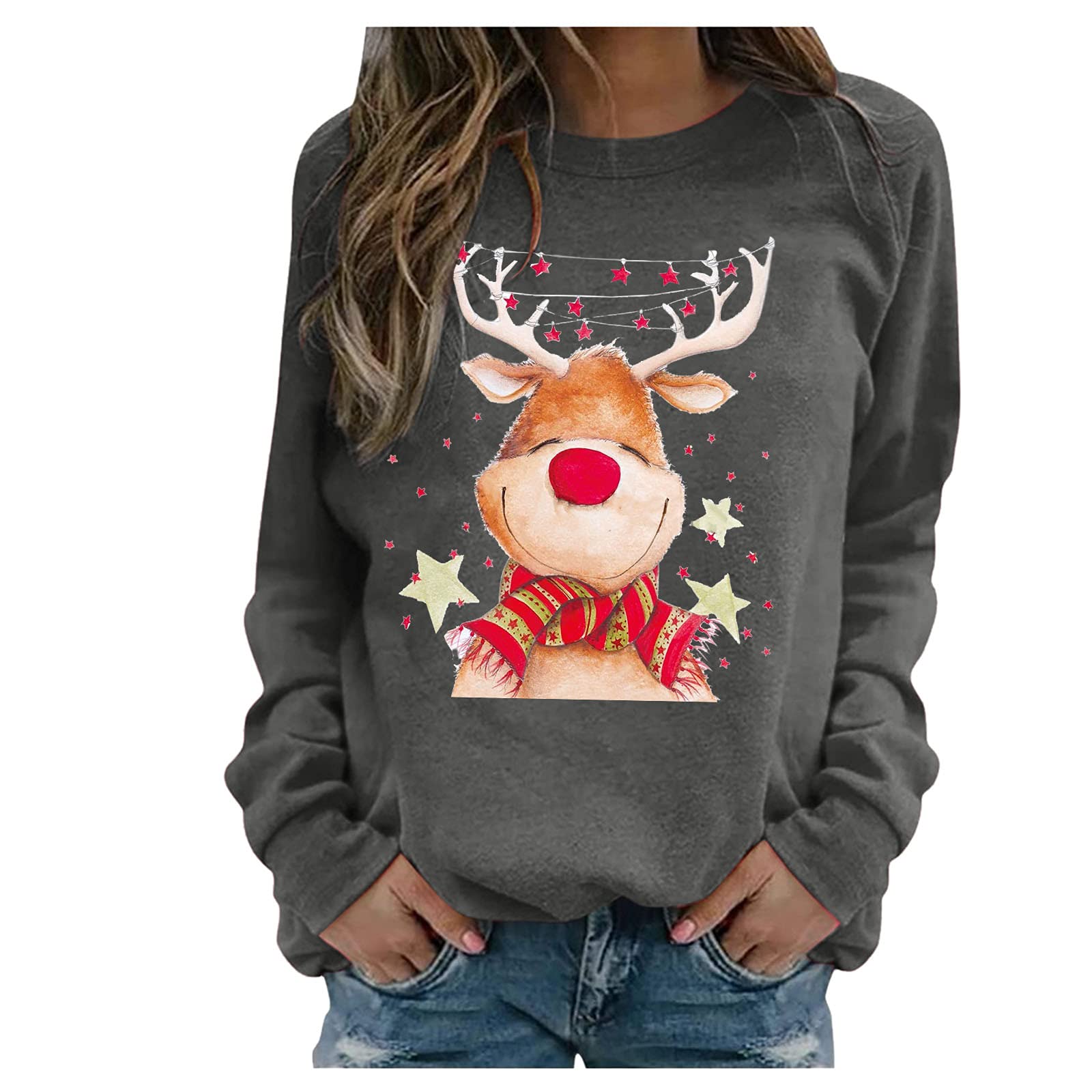 Vintage Graphic Tees for Women Plus Size - Christmas Pullover Blouse, Long Sleeve Crewneck Sweatshirt Tunic Top | Casual Outfit, Holiday Party, Gift Idea