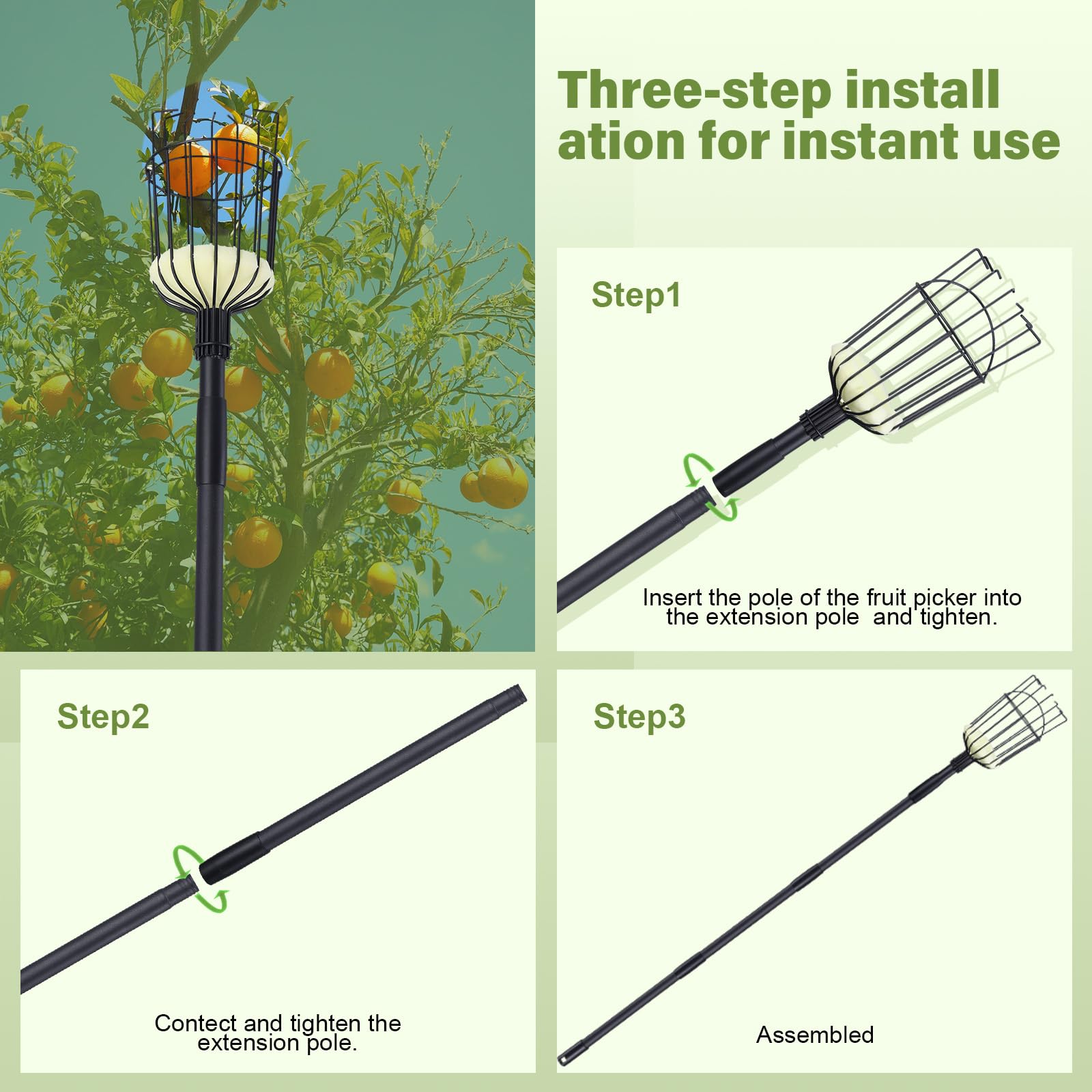 8.43FT Adjustable Fruit Picker Pole with Basket - Stainless Steel Handle Apple Picker Tool for Harvesting Mango, Pear, Orange & Avocados | Perfect for Home Gardening, Orchard Harvesting & Tall Tree Fruit Collection (Black)