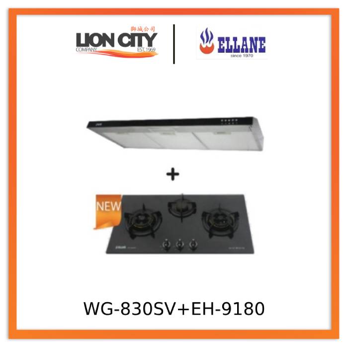 Ellane 60cm/90cm Slimline Hood with Black Panel EH 9180 & WG 830SV 87cm 3 Burner Glass Cooktop - Modern Kitchen Ventilation System for Home Cooking and Grilling