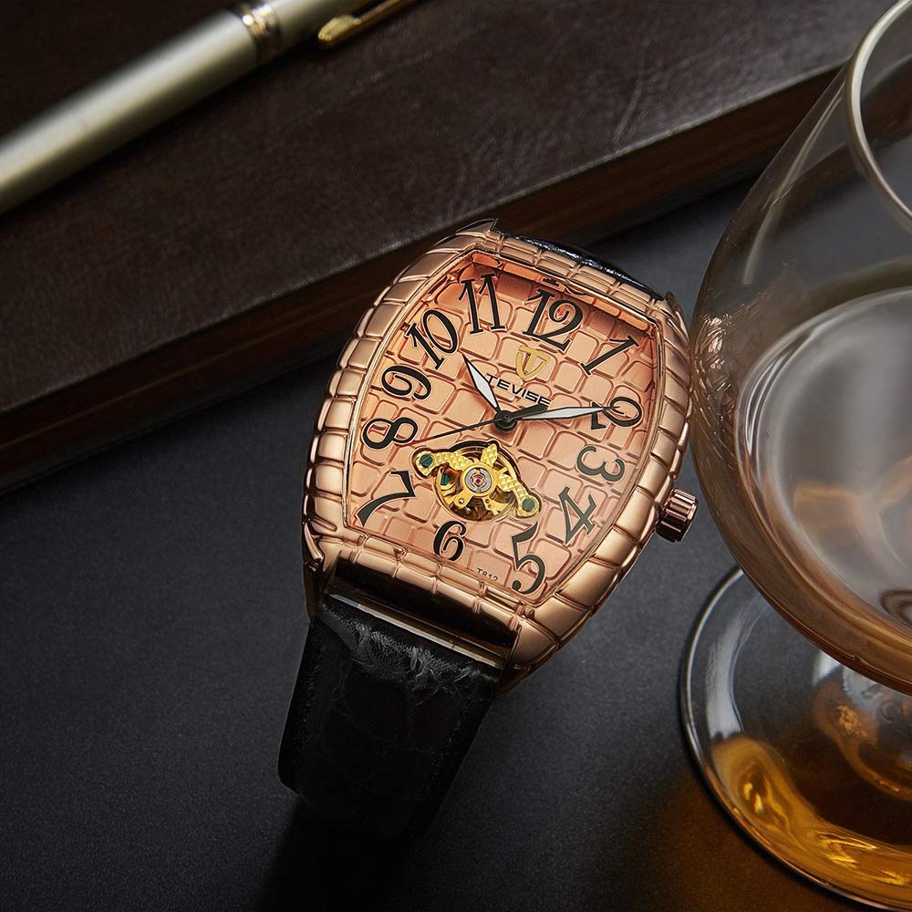 Luxury Men's Automatic Mechanical Watch - Rose Gold Rectangle Dial with Black Leather Strap - Stylish Casual Dress Watch for Business, Office & Everyday Wear