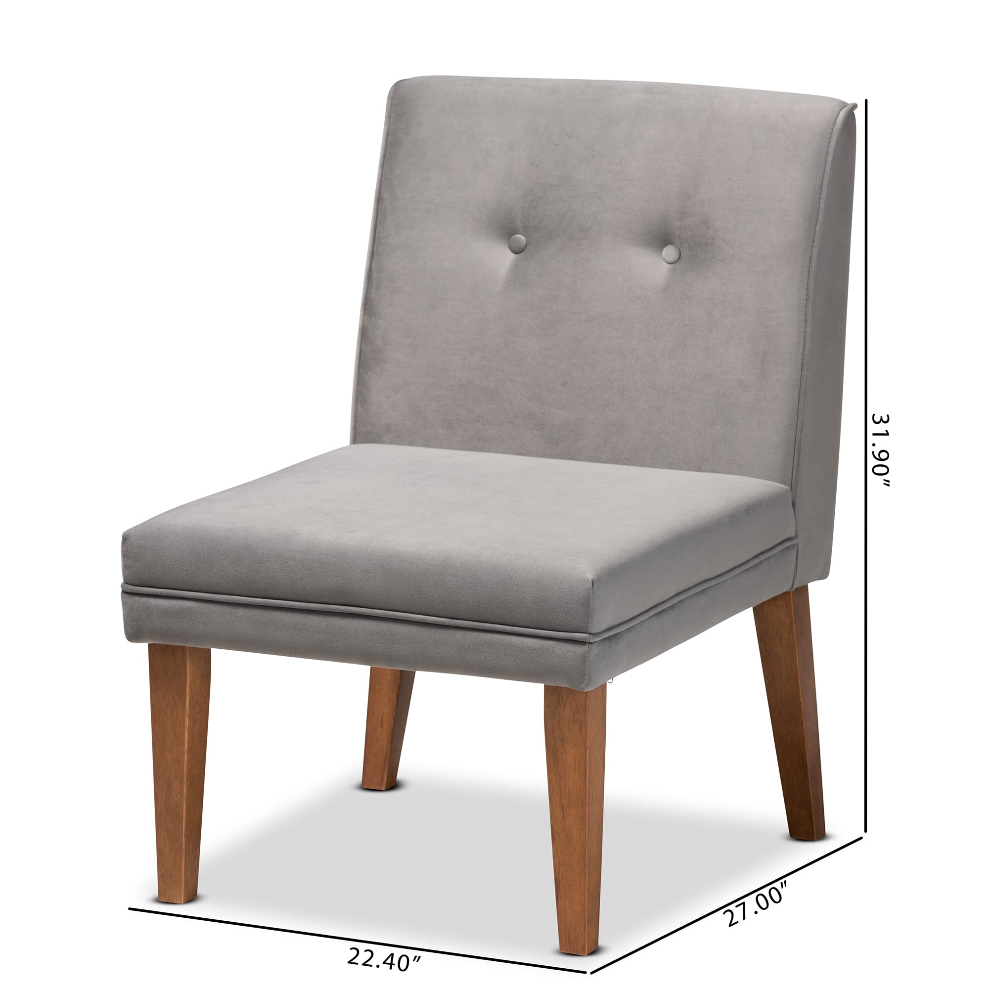 Baxton Studio Stewart Dining Chair - Grey Velvet Upholstered Wooden Chair with Walnut Finish - Perfect for Dining Rooms, Kitchens, and Home Offices