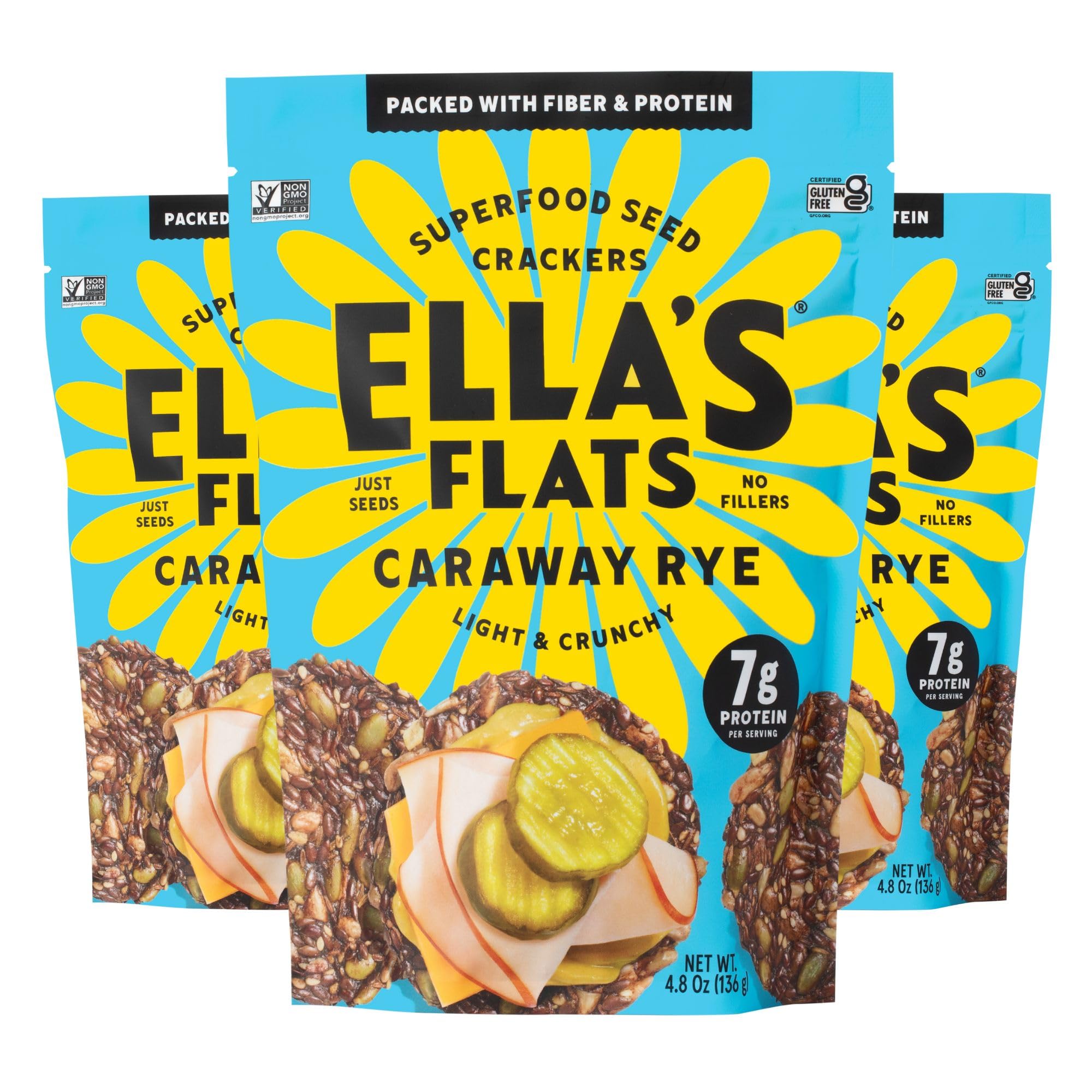 ELLA’S FLATS® Caraway All Seed Savory Crisps – All Natural, Gluten Free, High Protein, High Fiber, Vegan & Keto Friendly Snacks (3 Pack) – Perfect for Healthy On-the-Go Snacking, Lunchboxes, and Party Platters