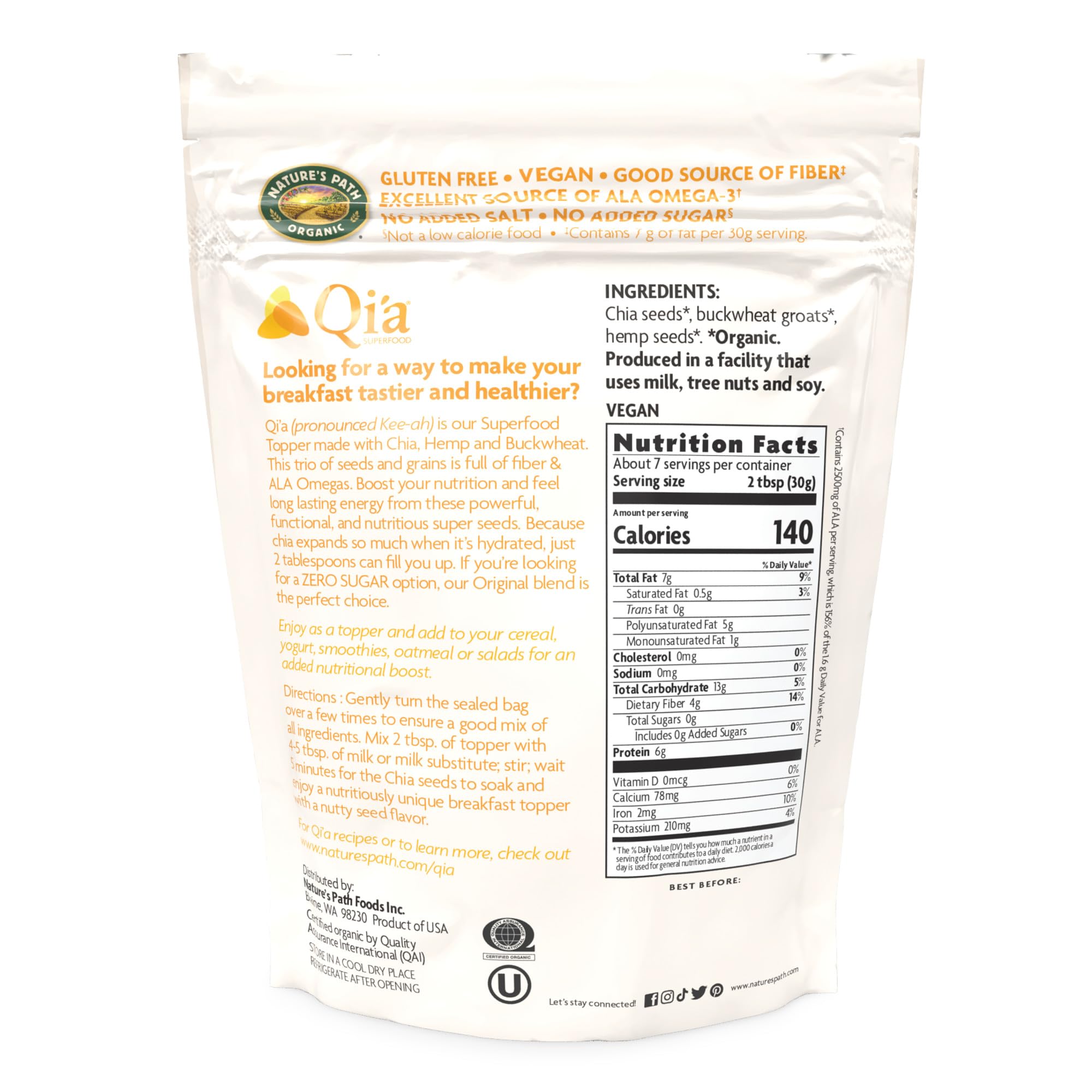 Nature's Path Organic Qi'a Superfood Cereal - Chia, Buckwheat & Hemp Breakfast Topper, 7.9 oz (Pack of 1) | Gluten Free, Non-GMO | Perfect for Smoothie Bowls, Yogurt & Healthy Breakfasts