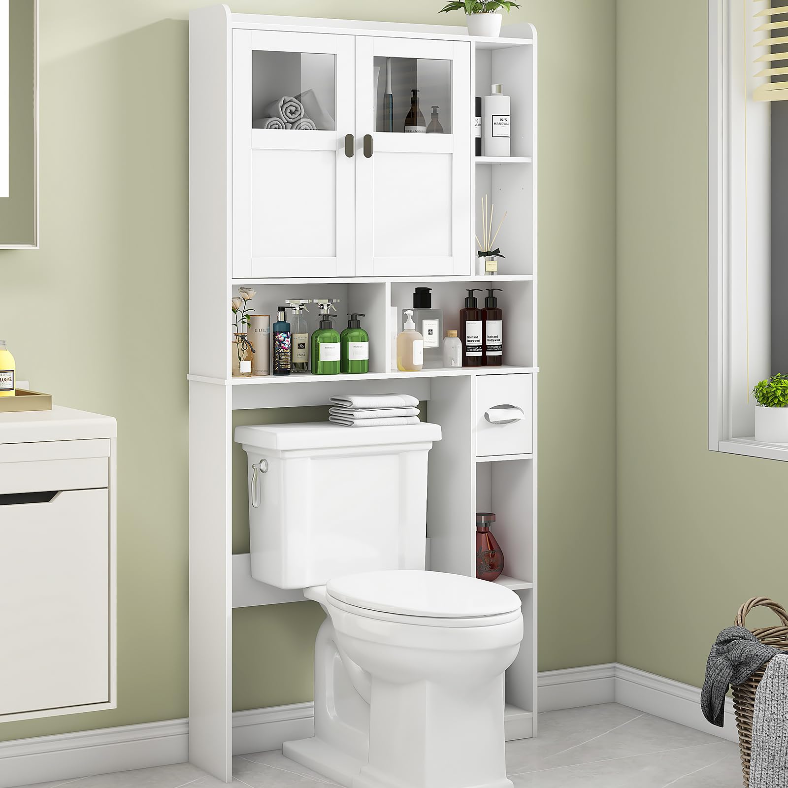 Over The Toilet Storage Cabinet with Glass Doors & Adjustable Shelves - White Freestanding Bathroom Shelf for Small Spaces | Perfect for Restroom, Bathroom & Laundry Organization | Space-Saving Toilet Rack for Apartments & Compact Homes