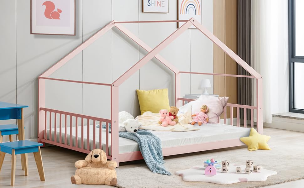 Montessori Full Size Floor Bed for Kids - Wooden House Bed Frame with Roof - Toddler Bed for Boys & Girls - Pink - Perfect for Bedrooms, Playrooms & Montessori Learning Spaces