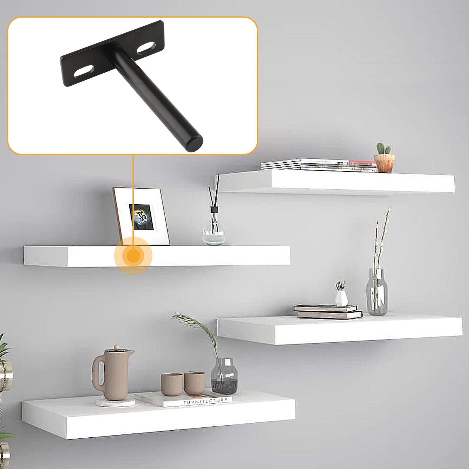 4 Pcs 4 Inch Heavy Duty Floating Shelf Brackets - Hidden Wall Supports for Wood Shelves, Black - Perfect for Home Office, Kitchen, Bathroom & Living Room Storage