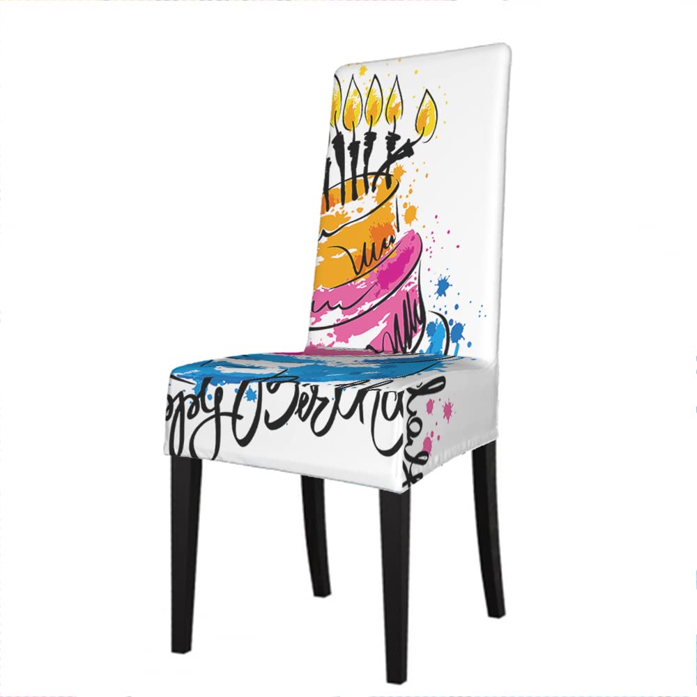 EKOBLA Happy Birthday Chair Covers - Stretchable, Washable & Removable Dining Chair Slipcovers with Handwritten Calligraphy Cake Design - Perfect for Birthday Parties, Weddings & Special Events