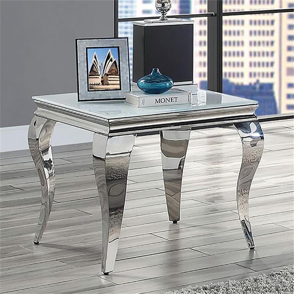 Furniture of America Alang Glam Glass Top End Table - White & Silver Accent Table for Living Room, Bedroom & Office Decor