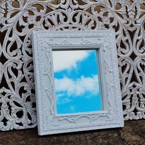 Hand Carved Indian Solid Wood Wall Mirror with Floral Pattern - White Wash Finish - 22x26 Inches - Boho Home Decor for Living Room, Bedroom & Entryway
