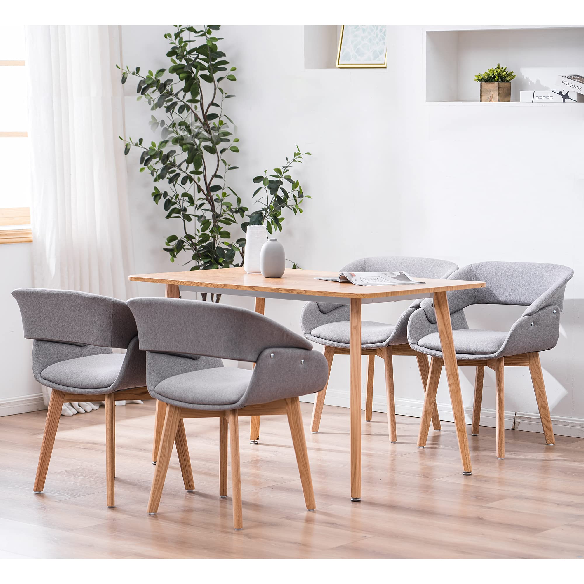 Modern Mid-Century Accent Arm Chairs Set of 2 - Linen Upholstered Dining Room Chairs with Solid Wood Legs & Cushions (Grey) - Perfect for Living Room, Dining Area, Guest Seating & Lounge Decor