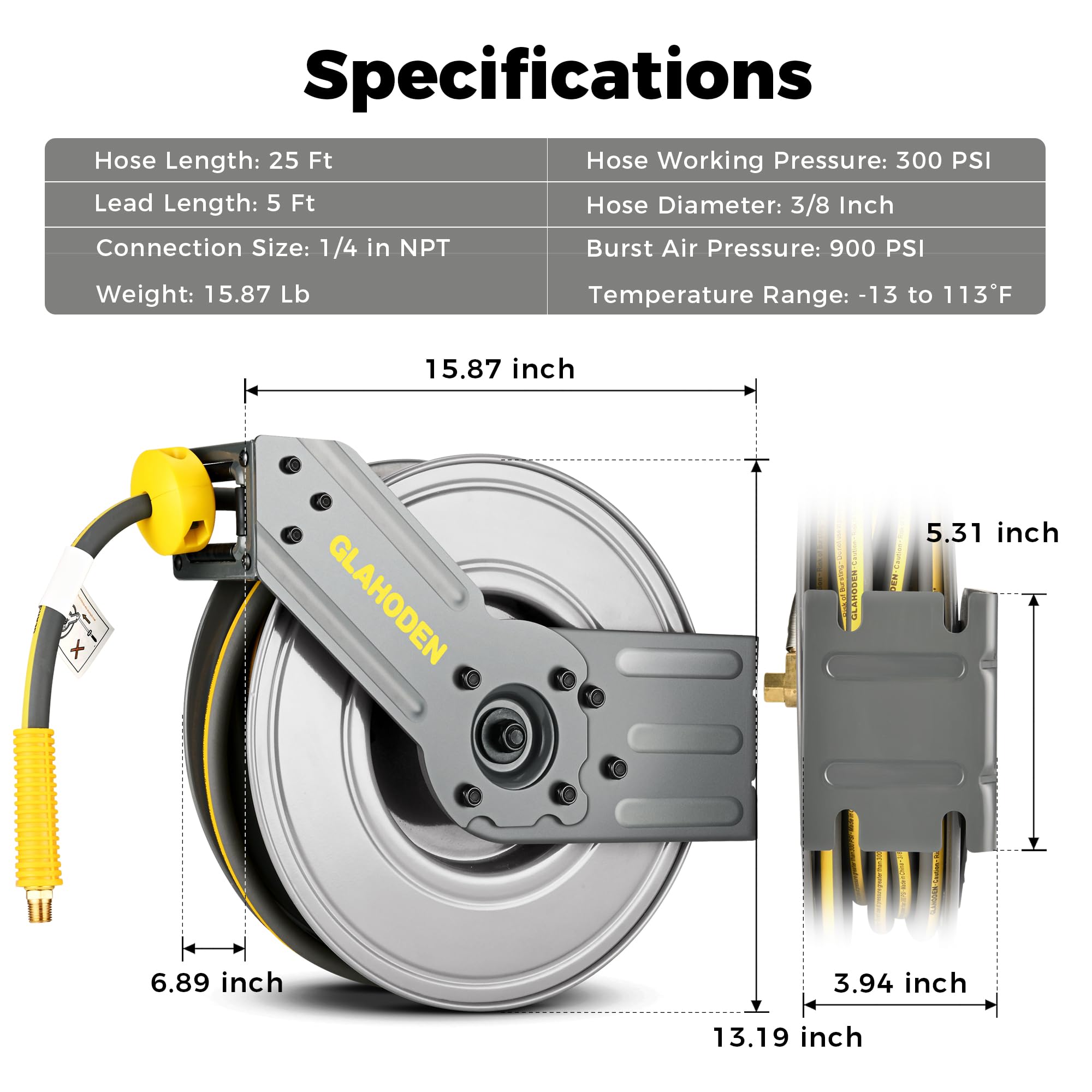 Heavy Duty Retractable Air Hose Reel - 3/8