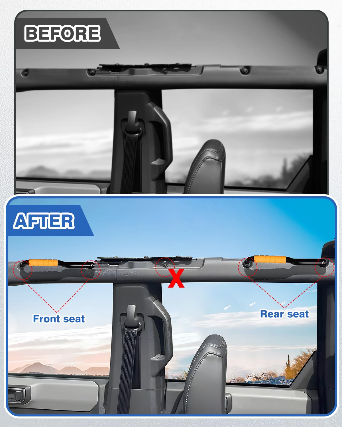 2021-2025 Ford Bronco 4 Door Roll Bar Grab Handles - 4 Pack Non-Slip Cotton Orange Handles for Front & Rear - Durable Interior Accessories - Perfect for Off-Roading, Camping & Adventure Trips