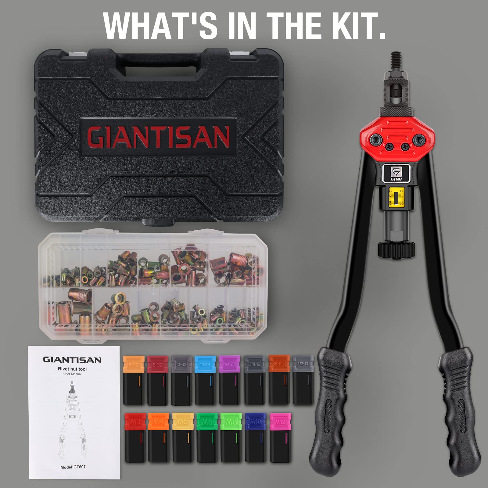 **GIANTISAN 16-Inch Heavy Duty Rivet Nut Tool Kit with 15 SAE & Metric Mandrels, 236pcs Rivnut Assortment & Durable Carrying Case – Perfect for Automotive, Metalworking, and DIY Projects**