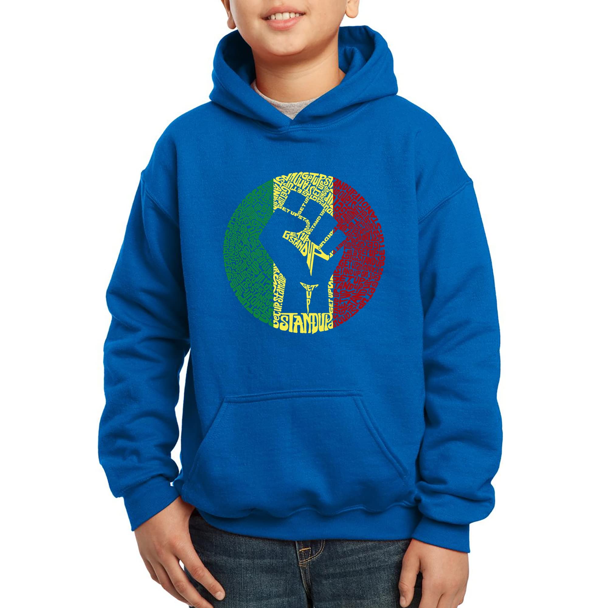 LA POP ART Boys' Word Art Hooded Sweatshirt - Get Up Stand Up - Trendy Graphic Pullover for Teens & Kids - Perfect for School, Streetwear & Casual Outfits