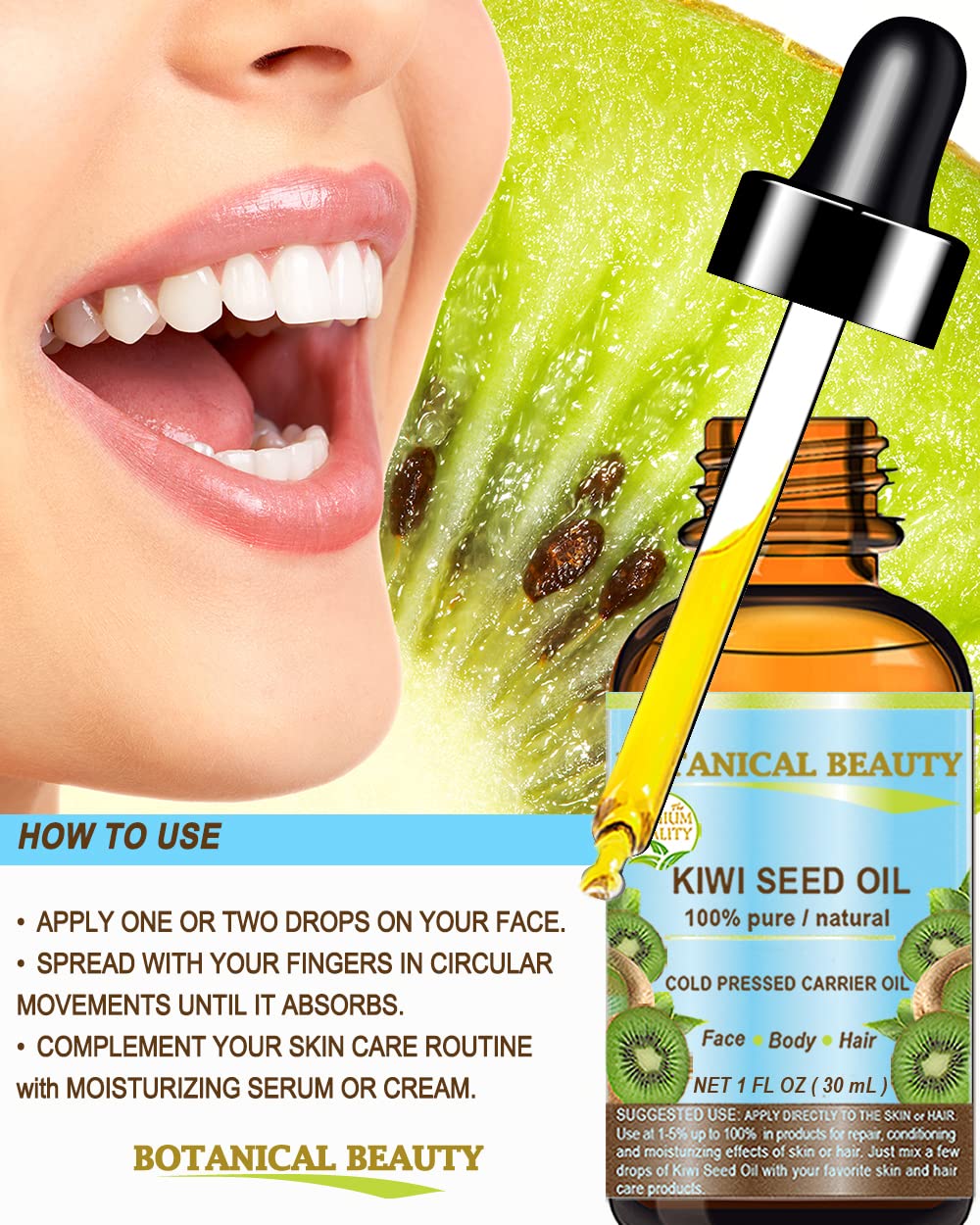 100% Pure Natural Kiwi Seed Oil - Cold Pressed, Undiluted, Virgin Carrier Oil for Face, Skin, Body, Hair & Nail Care (1 Fl.oz / 30ml) - Botanical Beauty Solution for Hydration & Anti-Aging