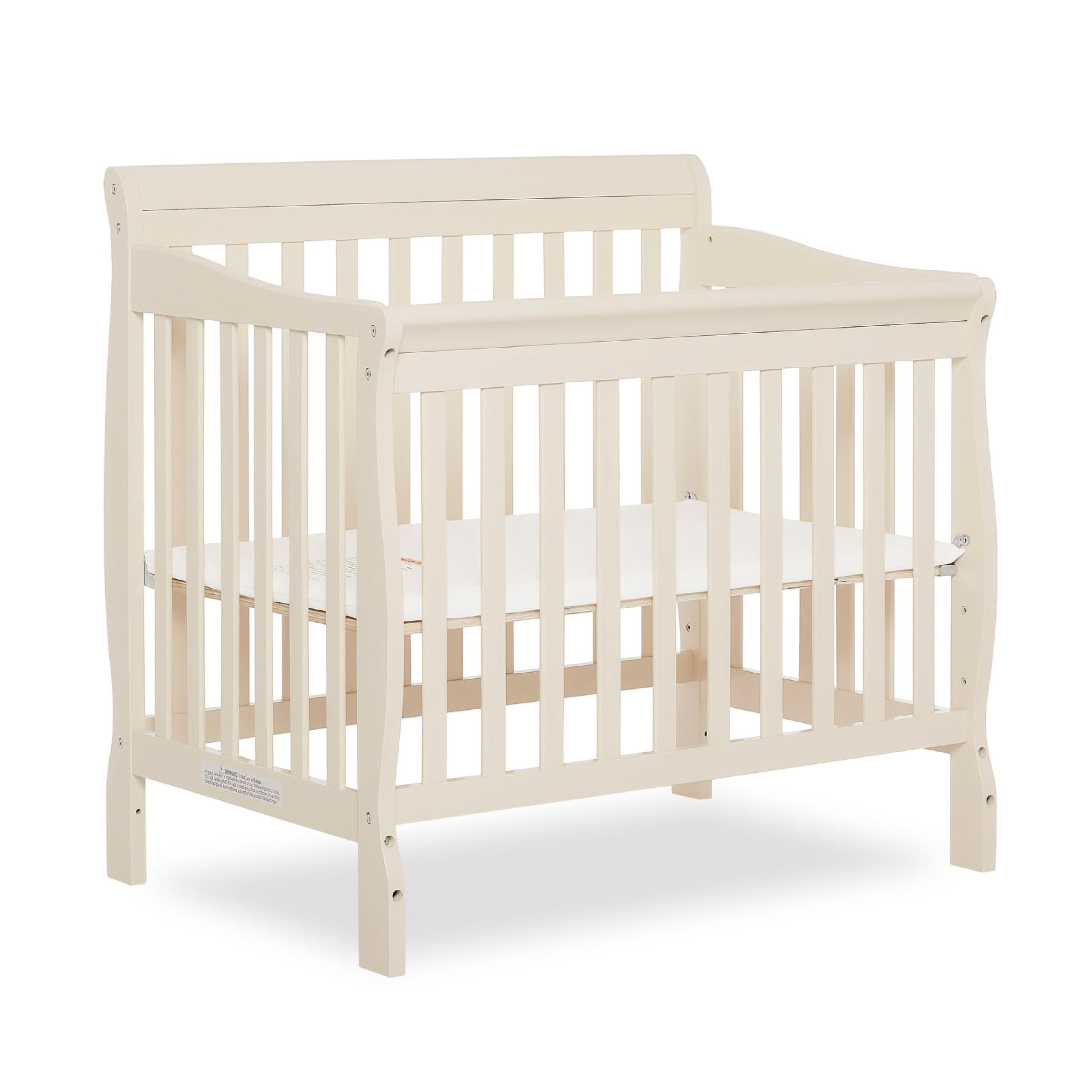 Dream On Me Aden 4-in-1 Convertible Mini Crib - French White | Greenguard Gold Certified | Non-Toxic New Zealand Pinewood | 3 Adjustable Mattress Heights | Perfect for Nursery, Small Spaces & Travel