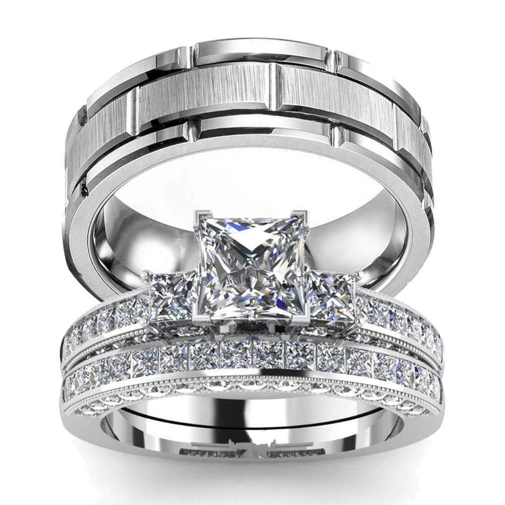 His & Hers Wedding Ring Sets - 925 Sterling Silver & Stainless Steel Matching Couple Bands with CZ Stones, Square Brushed Finish - Perfect for Engagements, Anniversaries, and Romantic Gift Giving