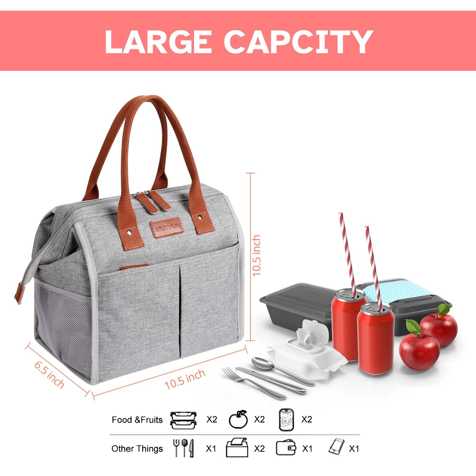 Insulated Lunch Box Cooler Tote Bag for Women & Men - Leakproof Reusable Lunch Bag for Work, Office, Travel & Picnic - Grey Water Resistant Lunch Tote for Adults (Perfect for Meal Prep & Outdoor Activities)