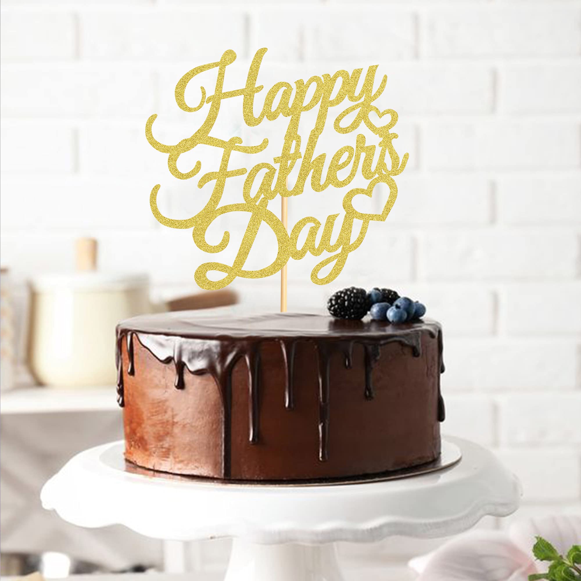 6 Pcs Gold Glitter Happy Father's Day Cake Toppers - Decorative Party Cake Decorations with Gold Letter Heart Design - Perfect for Father's Day Celebrations, Birthday Parties & Special Occasions