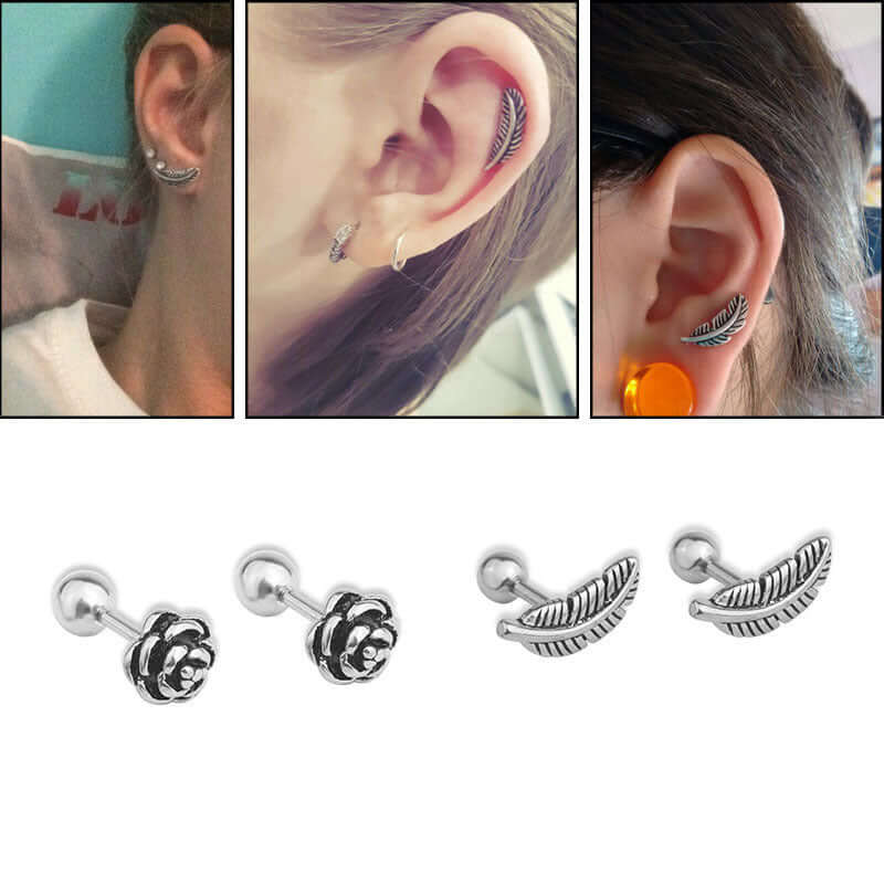 16G Cartilage Rose Leaf Ball Back Earrings for Women | ER8540 | Dainty & Elegant Ear Cuff for Daily Wear & Special Occasions
