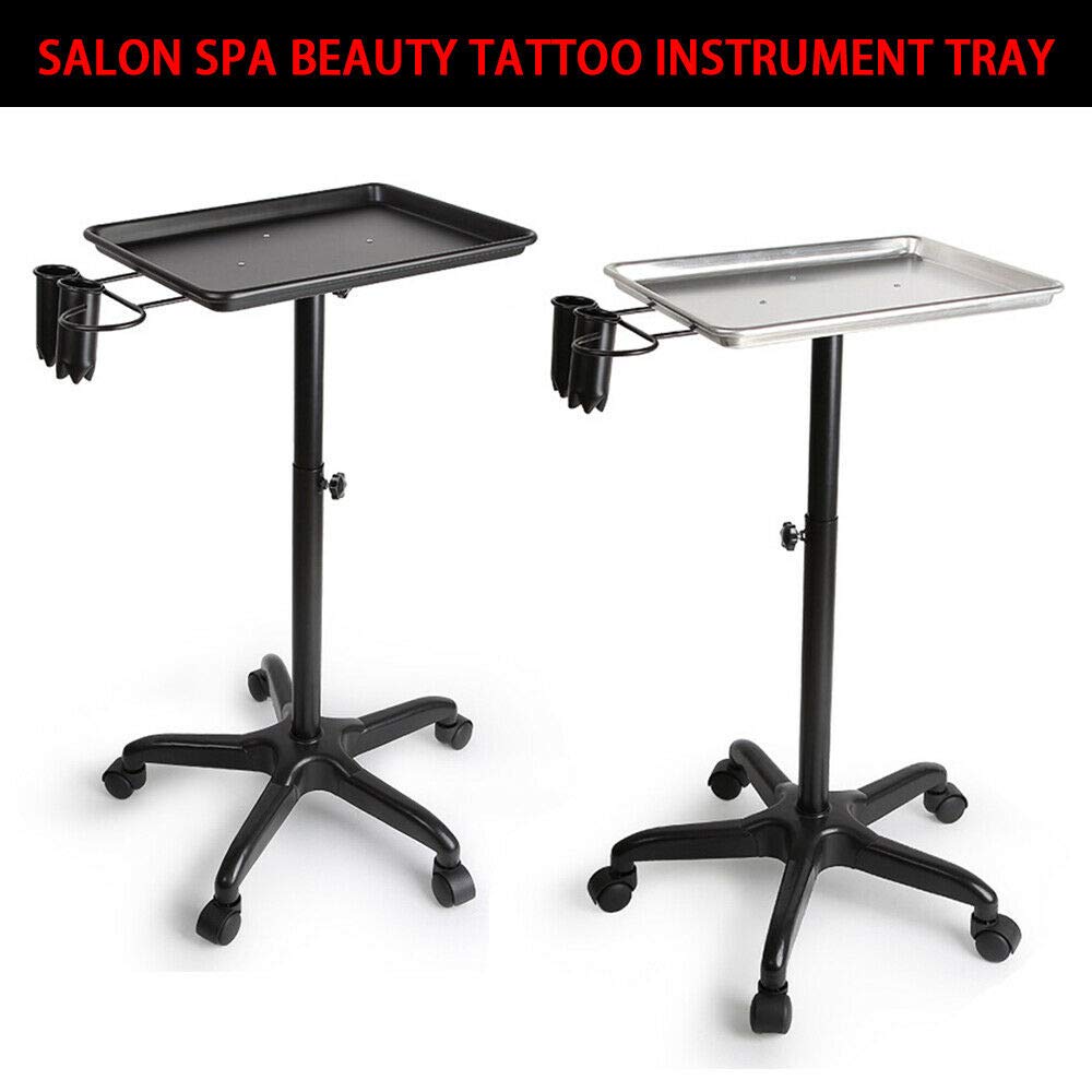 Black & Silver Aluminum Rolling Salon Tray with Wheels - Professional Beauty Spa Instrument Trolley for Tattoo, Nail & Hair Styling Stations - Perfect for Salon Organization & Mobile Service Carts