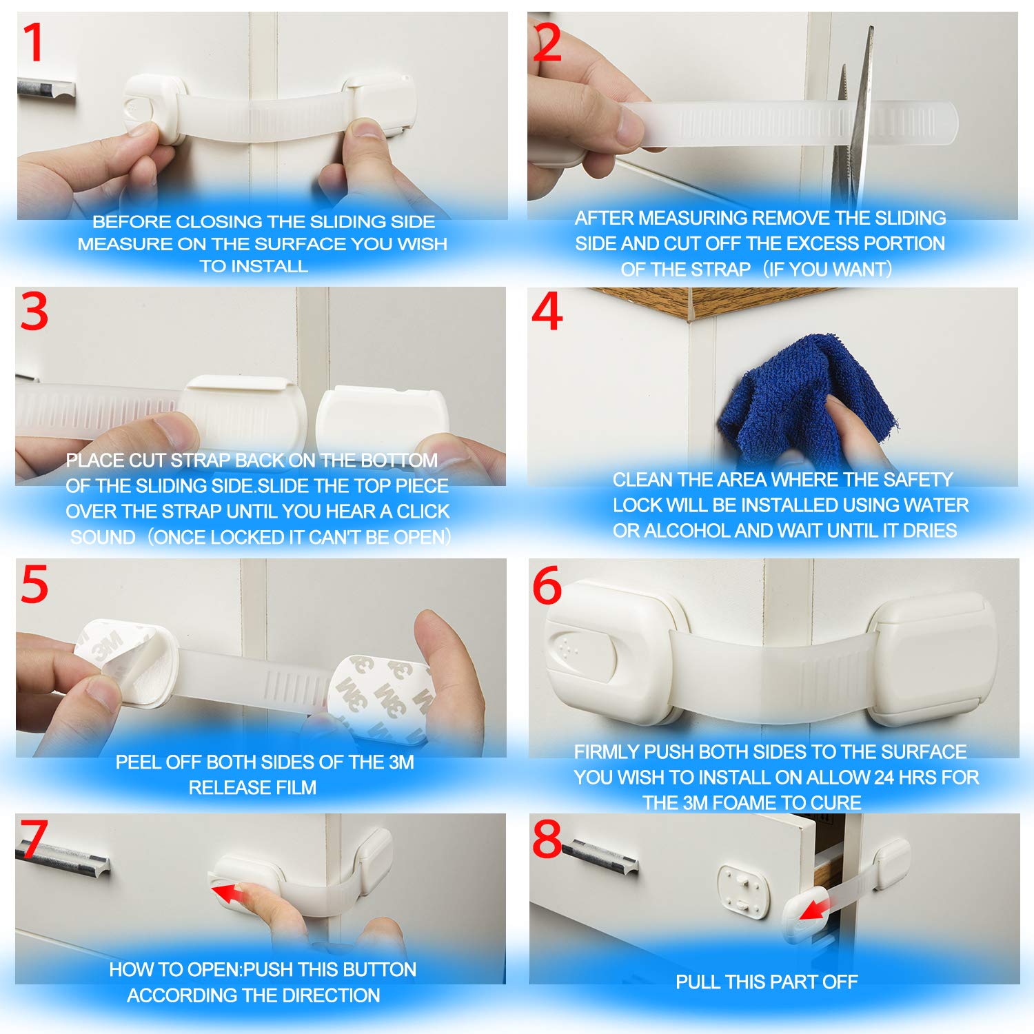 10-Pack Child Safety Cabinet Locks - Baby Proofing Latches for Drawers, Doors, Fridge, Oven & Toilet Seat | No Drill Installation with 3M Adhesive | Adjustable Strap for Kitchen Cabinets, Appliances & Trash Cans | Perfect for Homes with Toddlers & Pets