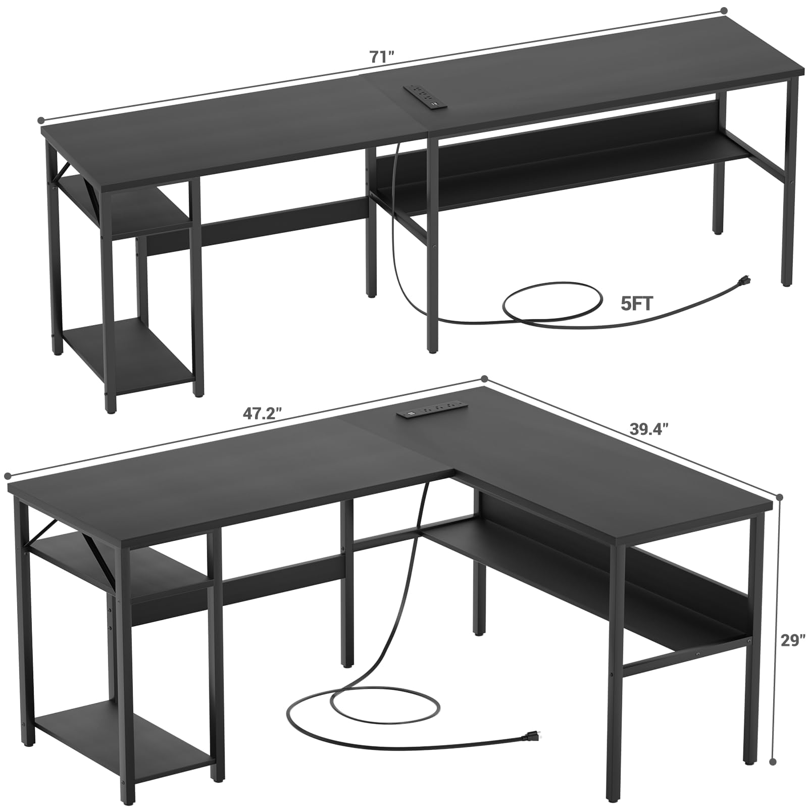 Reversible L-Shaped Computer Desk with Power Outlets & USB Ports - Sturdy Corner Desk with Storage Shelf - Modern Home Office & Gaming Desk - Easy Assembly - Black - Perfect for Small Spaces, Workstations & Gaming Setups