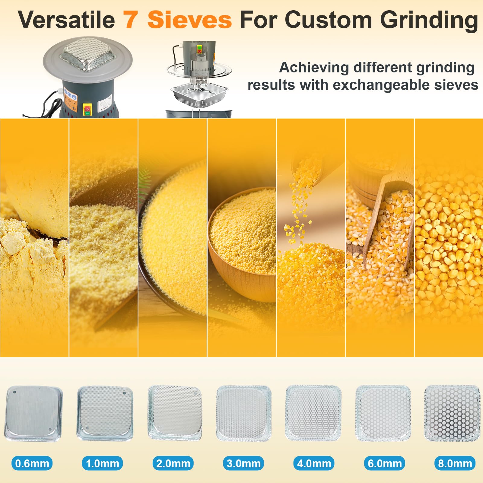 **15.8-Gallon Electric Corn Grinder Mill for Dry Grains – Commercial & Home Use – Wheat, Spice, Rice, Feed, Flour & Cereals Grinder with 7 Sizes Sieves – Perfect for Baking, Brewing & Farm Use**