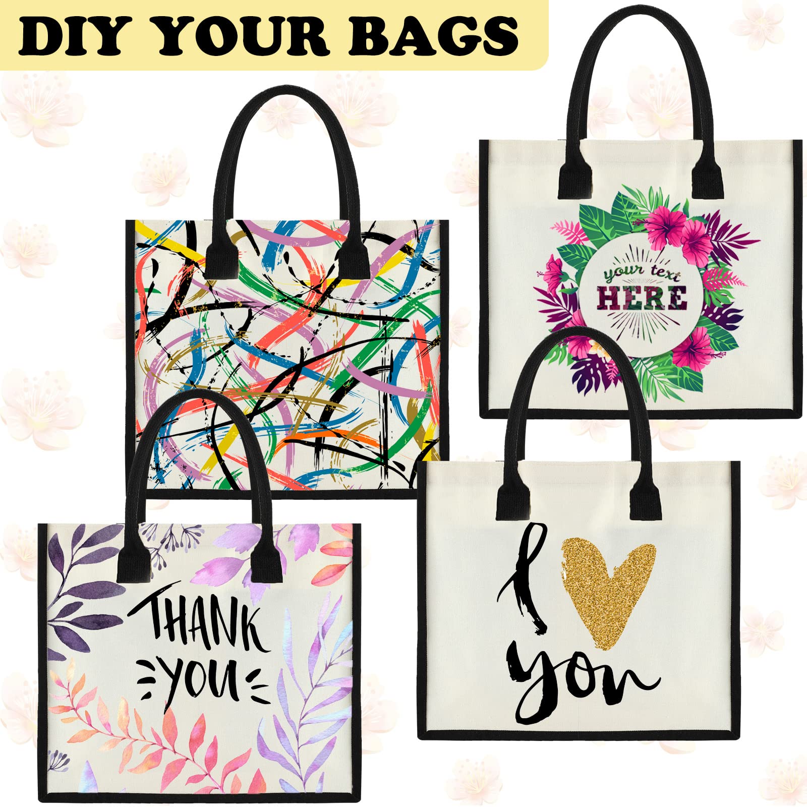 Reginary 6-Pack Personalized Initial Canvas Tote Bags with Handles - Wedding Bridesmaid Gifts, Beach Bags, Teacher Appreciation, College DIY (Black Trim) - Perfect for Bridal Parties, Bachelorette Events & Summer Outings